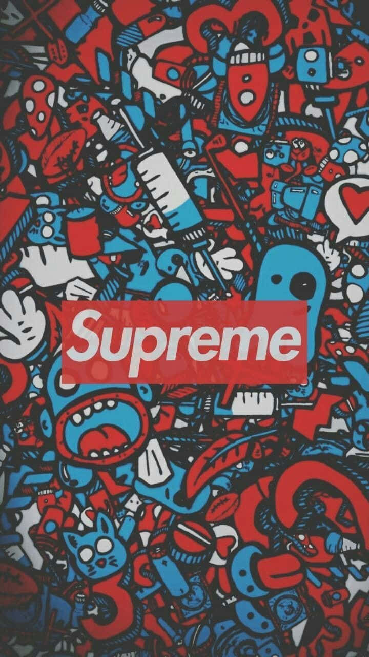 Supreme Drip, red Supreme logo, chaotic red and blue doodle collage, HD Phone Wallpaper
