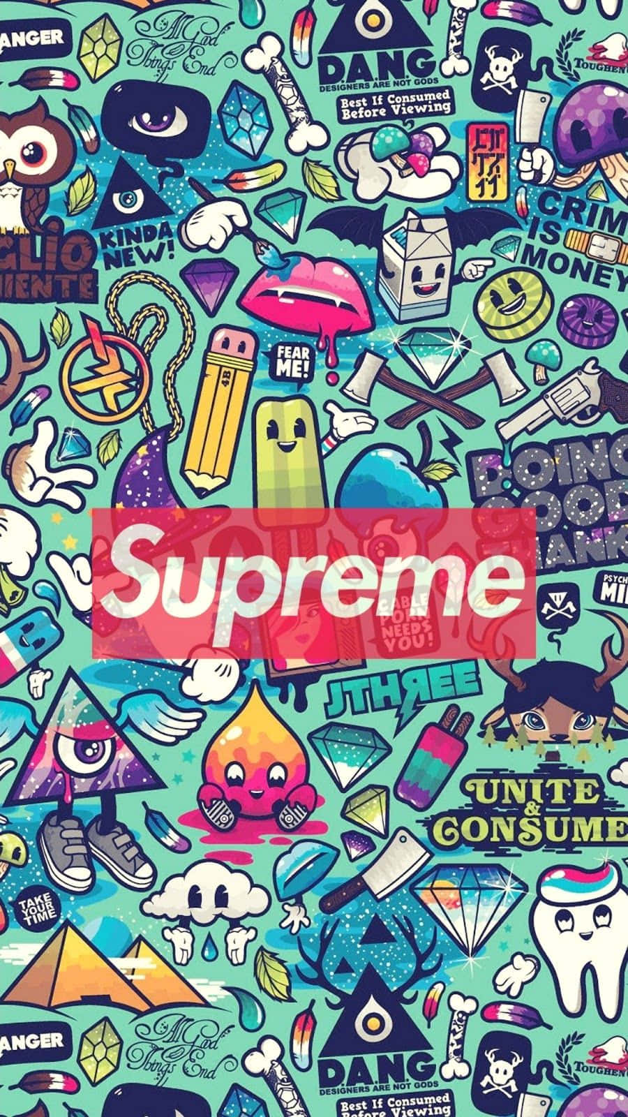 Supreme Drip, teal, cartoonish icons, HD Phone Wallpaper