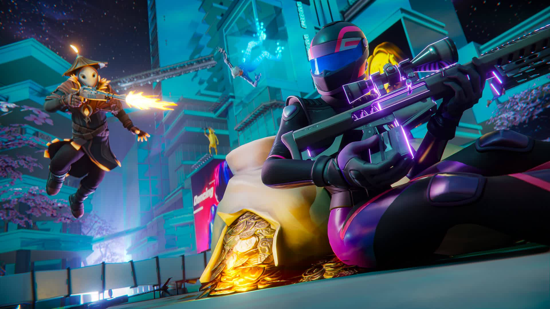 Fortnite, neon-lit cityscape, glowing weapons, Full HD Desktop Wallpaper