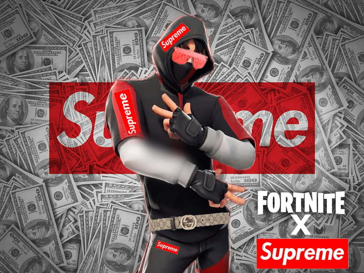 Supreme hoodie, Fortnite character, US dollar bills, SD Desktop Wallpaper