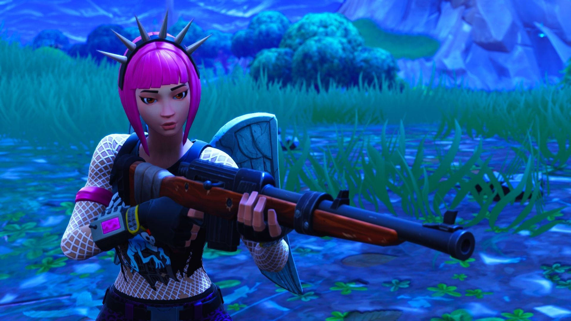 Fortnite, pink-haired character, spiked headband, Full HD Desktop Wallpaper
