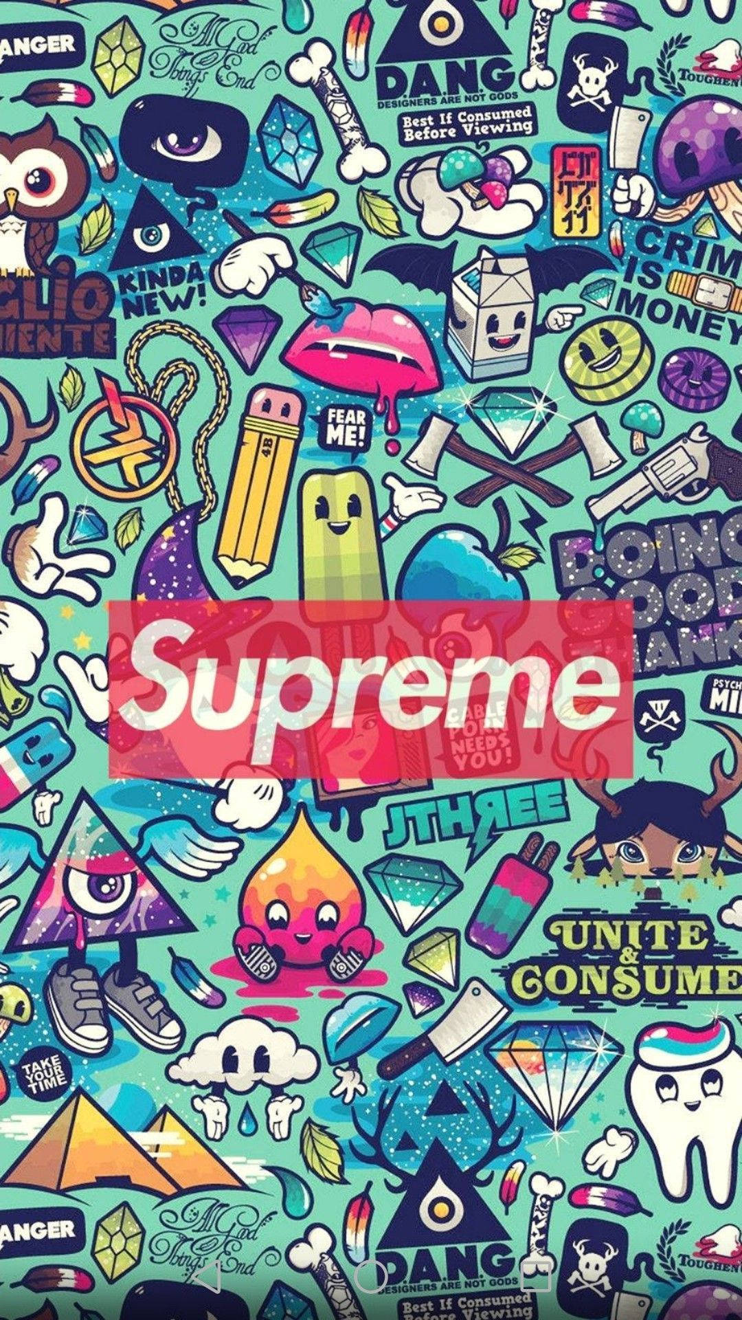Supreme, teal, cartoon stickers, Full HD Phone Wallpaper