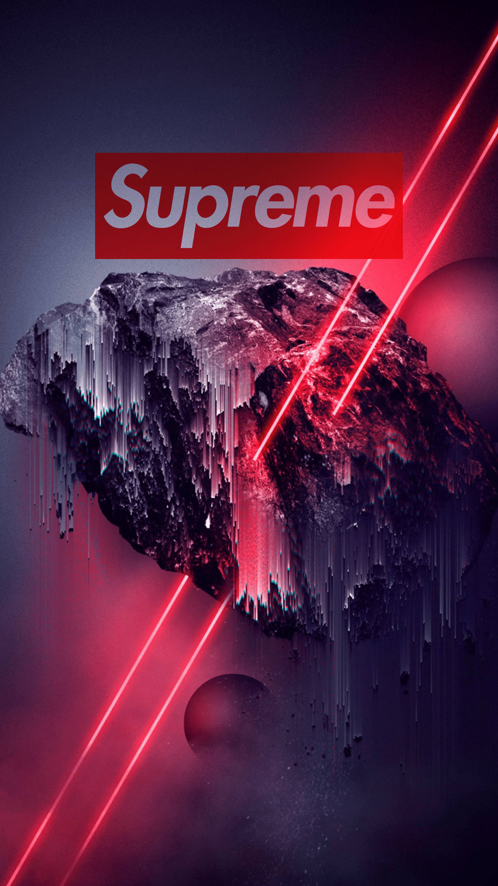 Supreme iPhone, glitching asteroid, red laser beams, 2K Phone Wallpaper