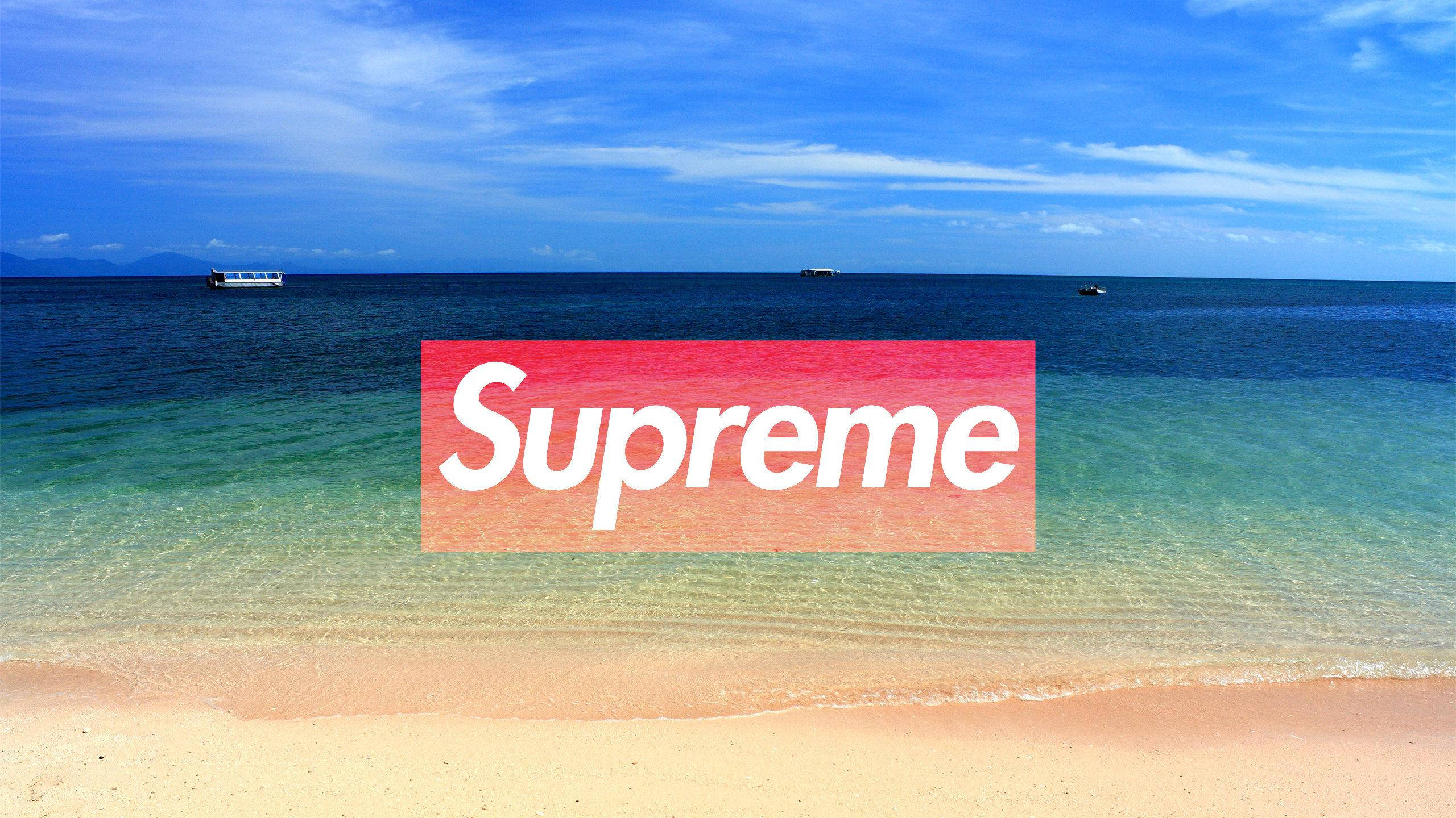 beach, turquoise water, red Supreme logo, 2K Desktop Wallpaper