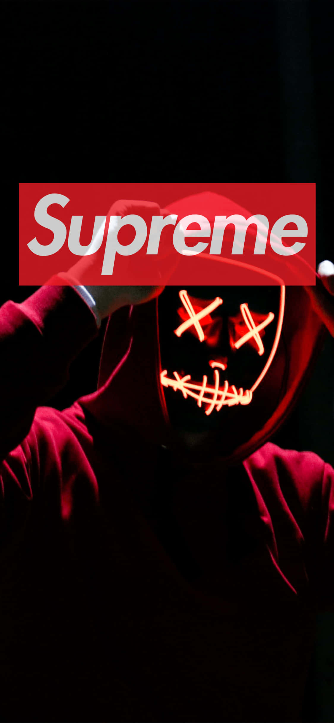 Supreme Logo, red hoodie, neon-lit horror mask, Full HD Phone Wallpaper
