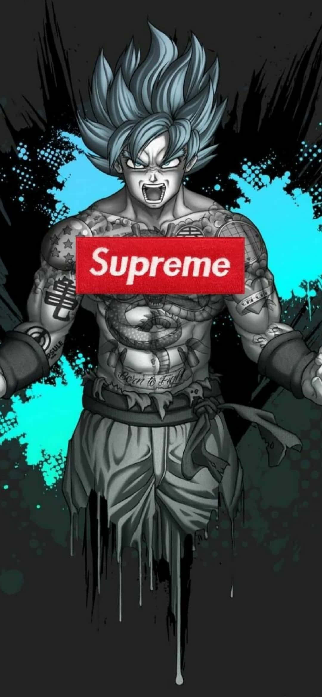 Supreme Logo, blue-haired anime warrior, tattoos, Full HD Phone Wallpaper