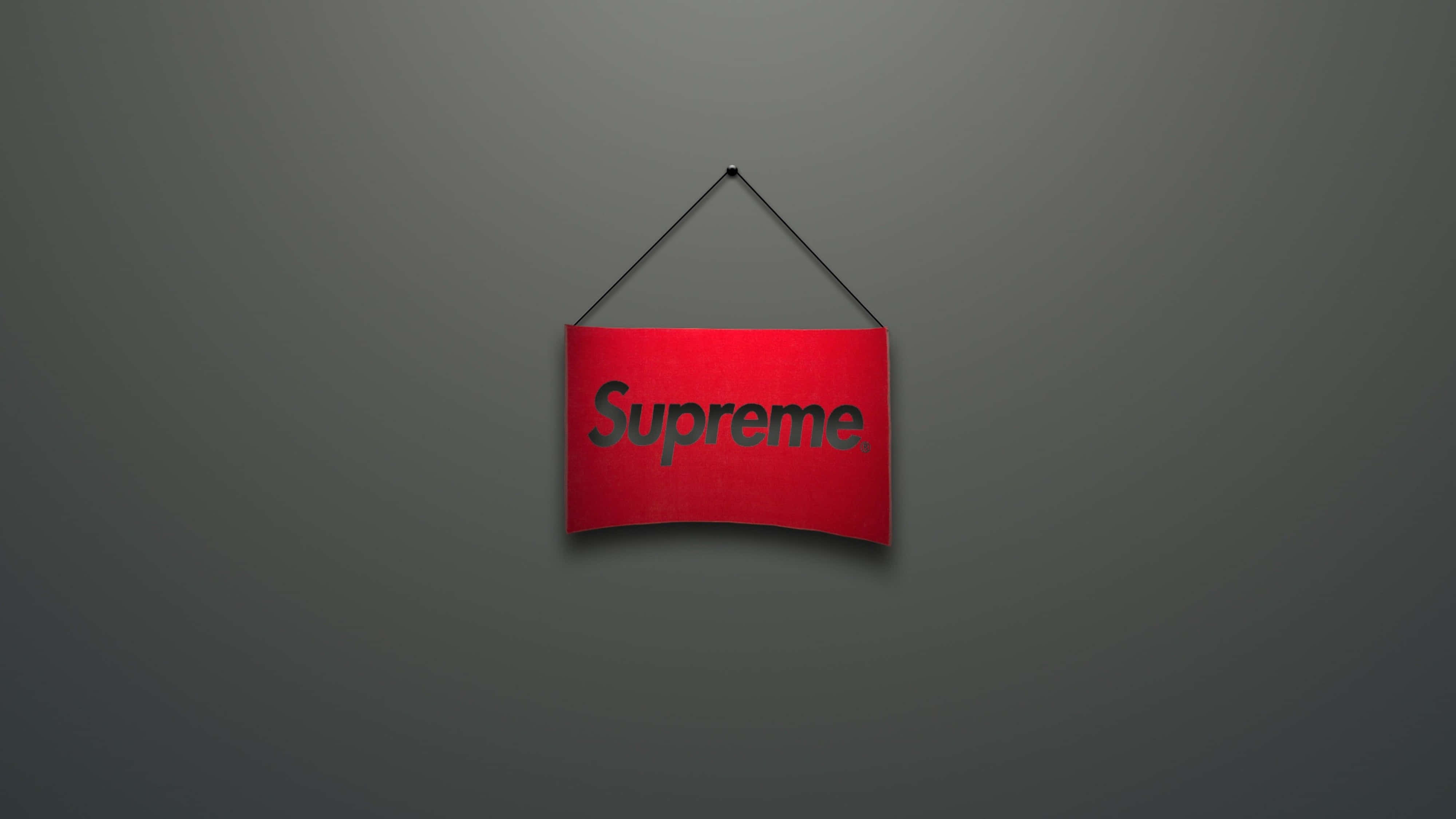 Supreme, red Supreme logo sign, muted gray gradient wall, 4K Desktop Wallpaper
