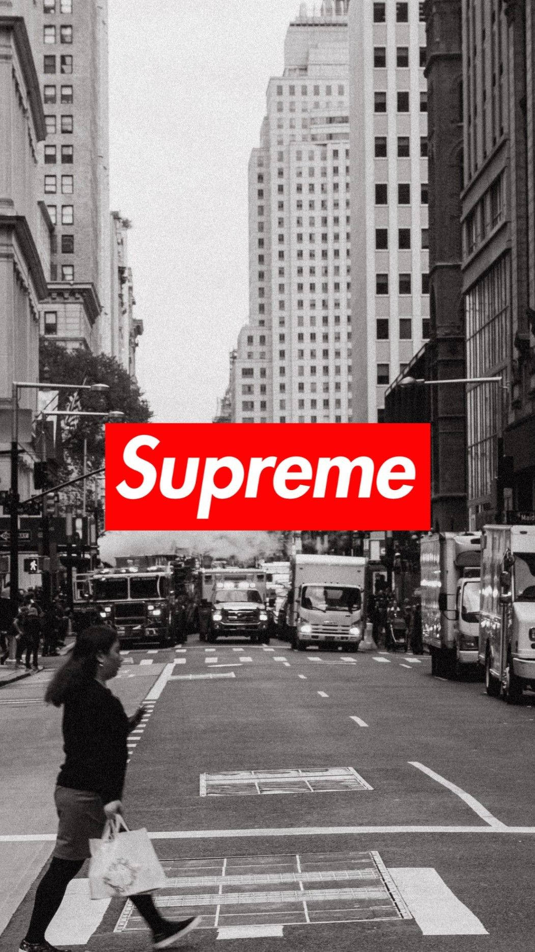 Supreme, red Supreme logo, black and white urban street scene, HD Phone Wallpaper