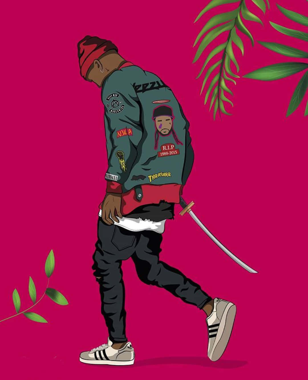 Cartoon Supreme Clothing, katana, patched jacket, HD Phone Wallpaper