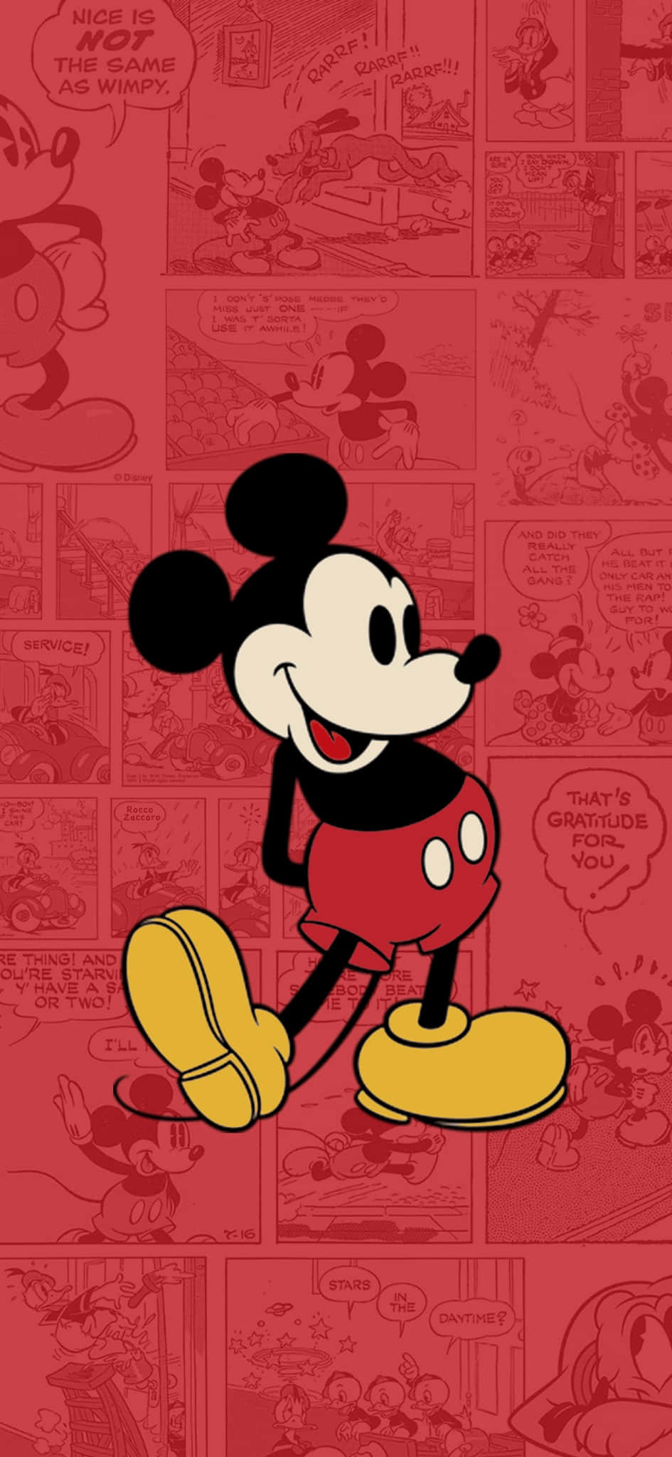Mickey Mouse, red comic book panel background, classic cartoon scenes, Full HD Phone Wallpaper