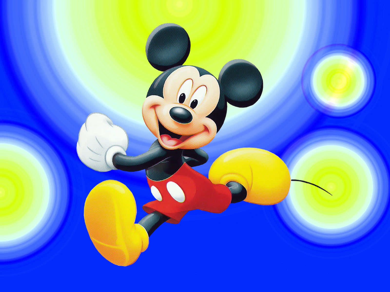 Mickey Mouse, vibrant blue background, glowing yellow swirls, HD Desktop Wallpaper