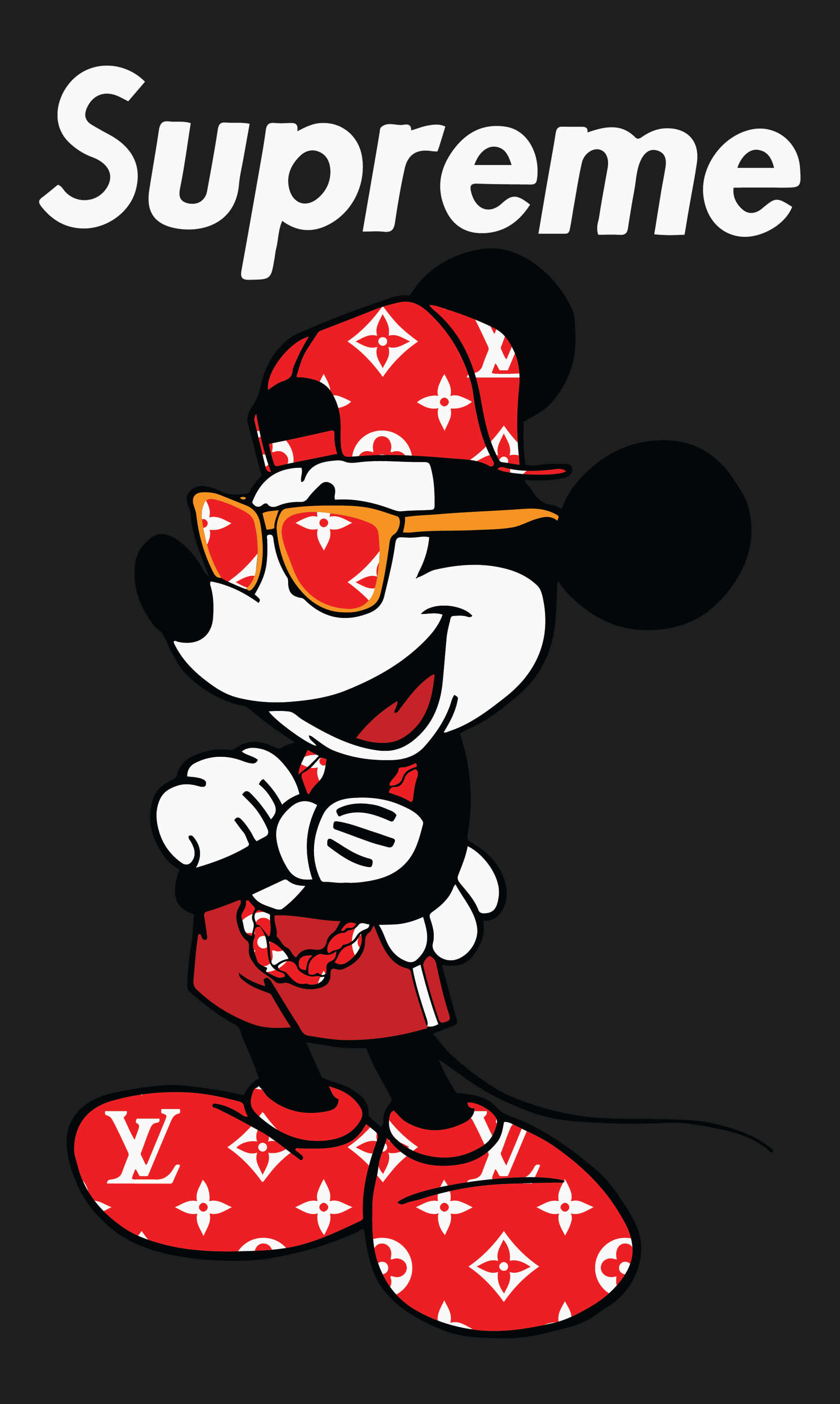 Supreme Mickey Mouse, red Louis Vuitton patterned hat, sunglasses, 2K Phone Wallpaper