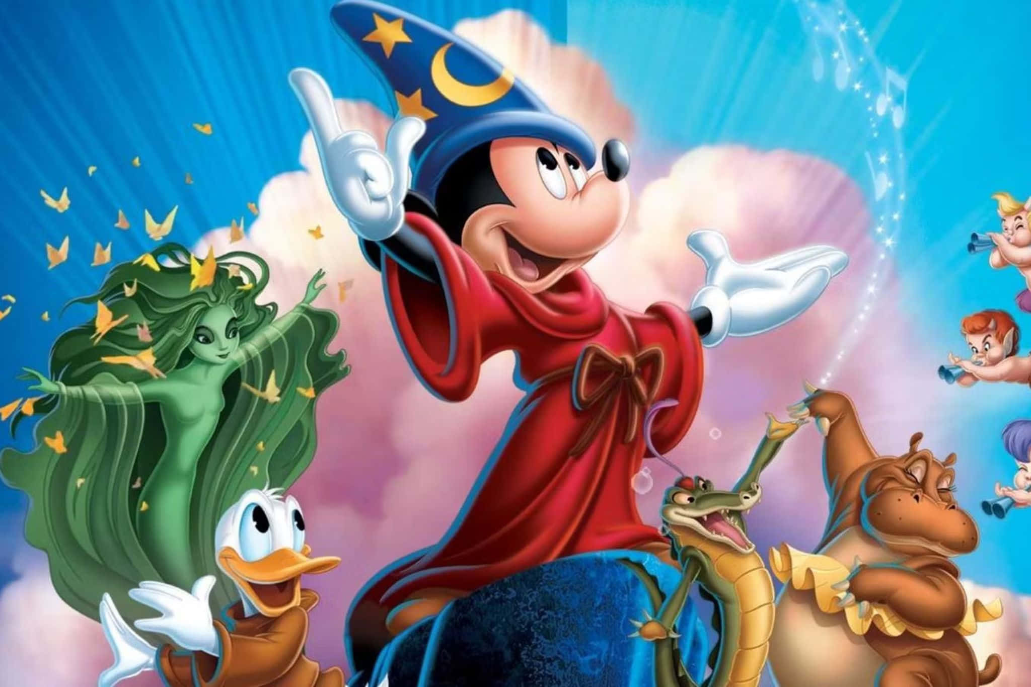 Mickey Mouse, red robe, blue wizard hat, Full HD Desktop Wallpaper