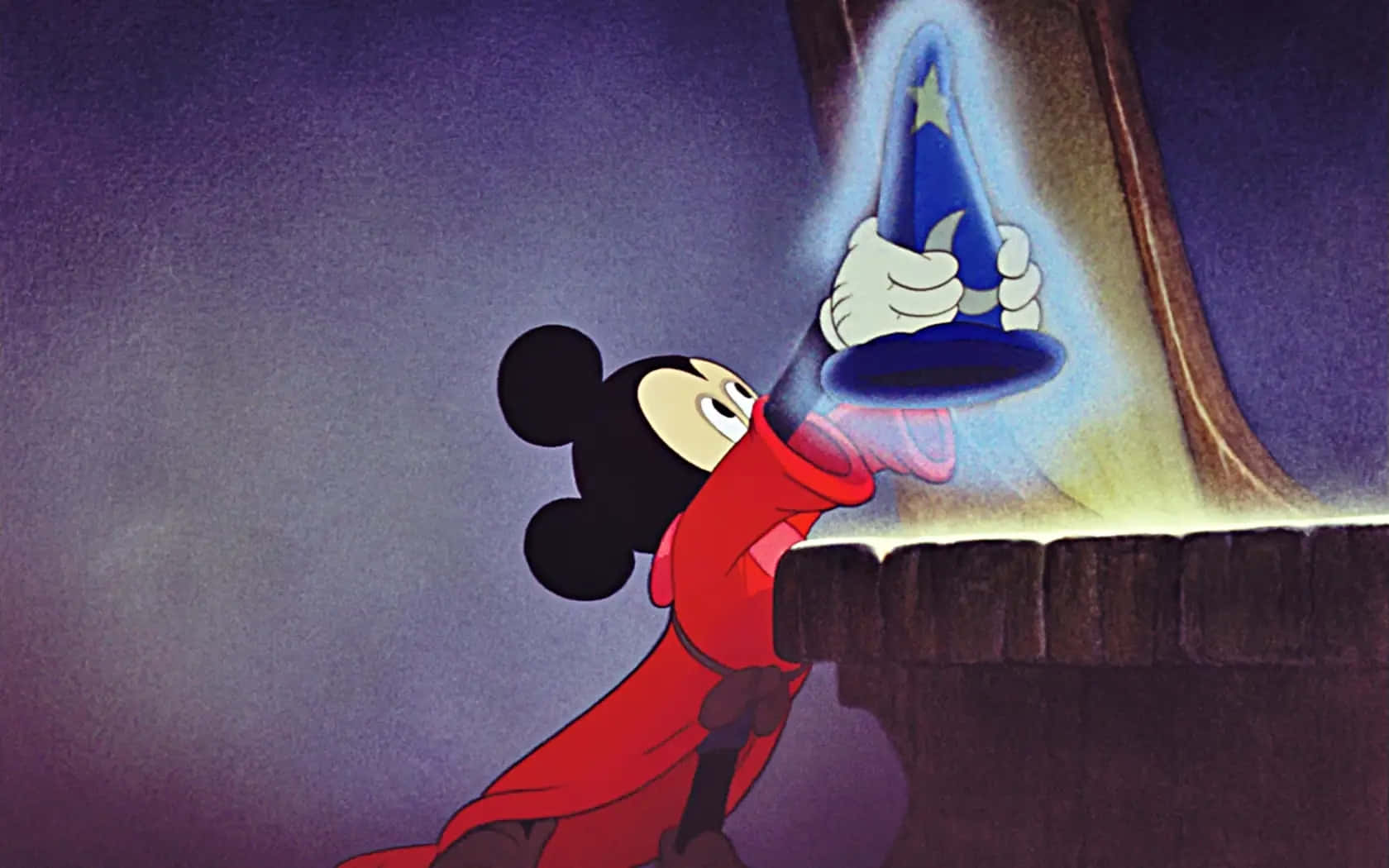 Mickey Mouse, red robe, glowing blue wizard's hat, HD Desktop Wallpaper