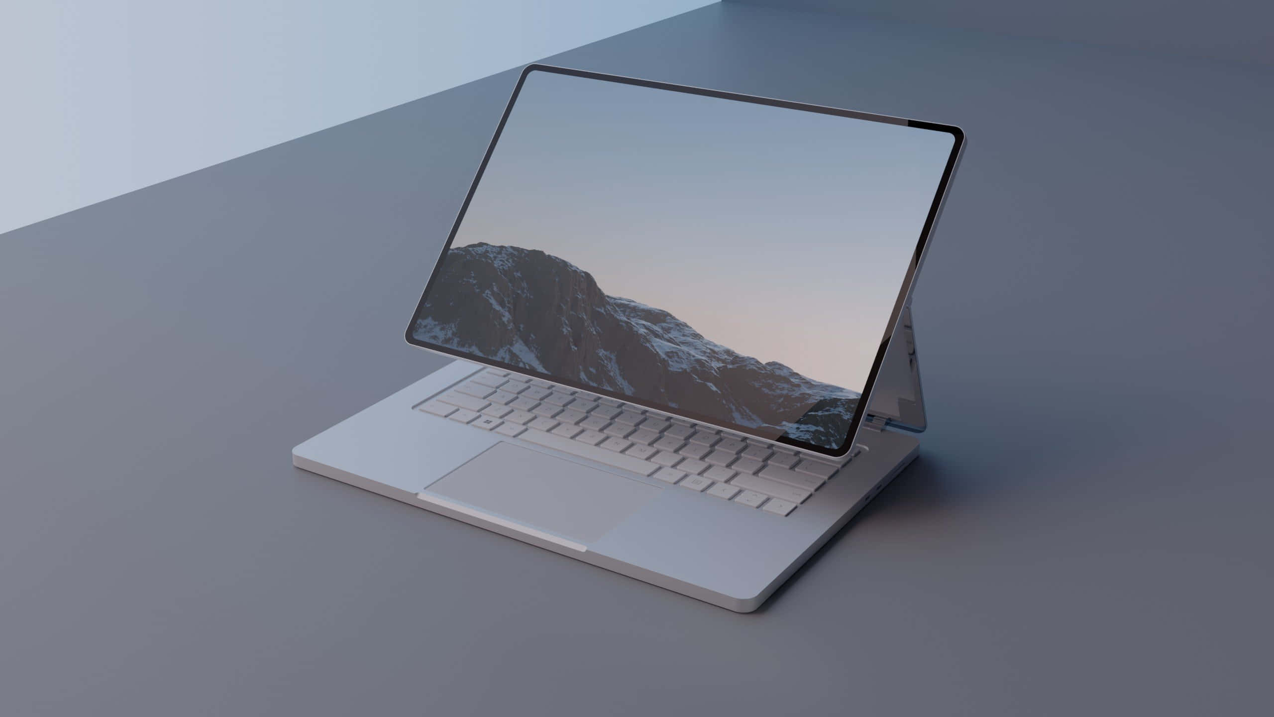 Surface Book, silver, minimalist gray desk, 2K Desktop Wallpaper
