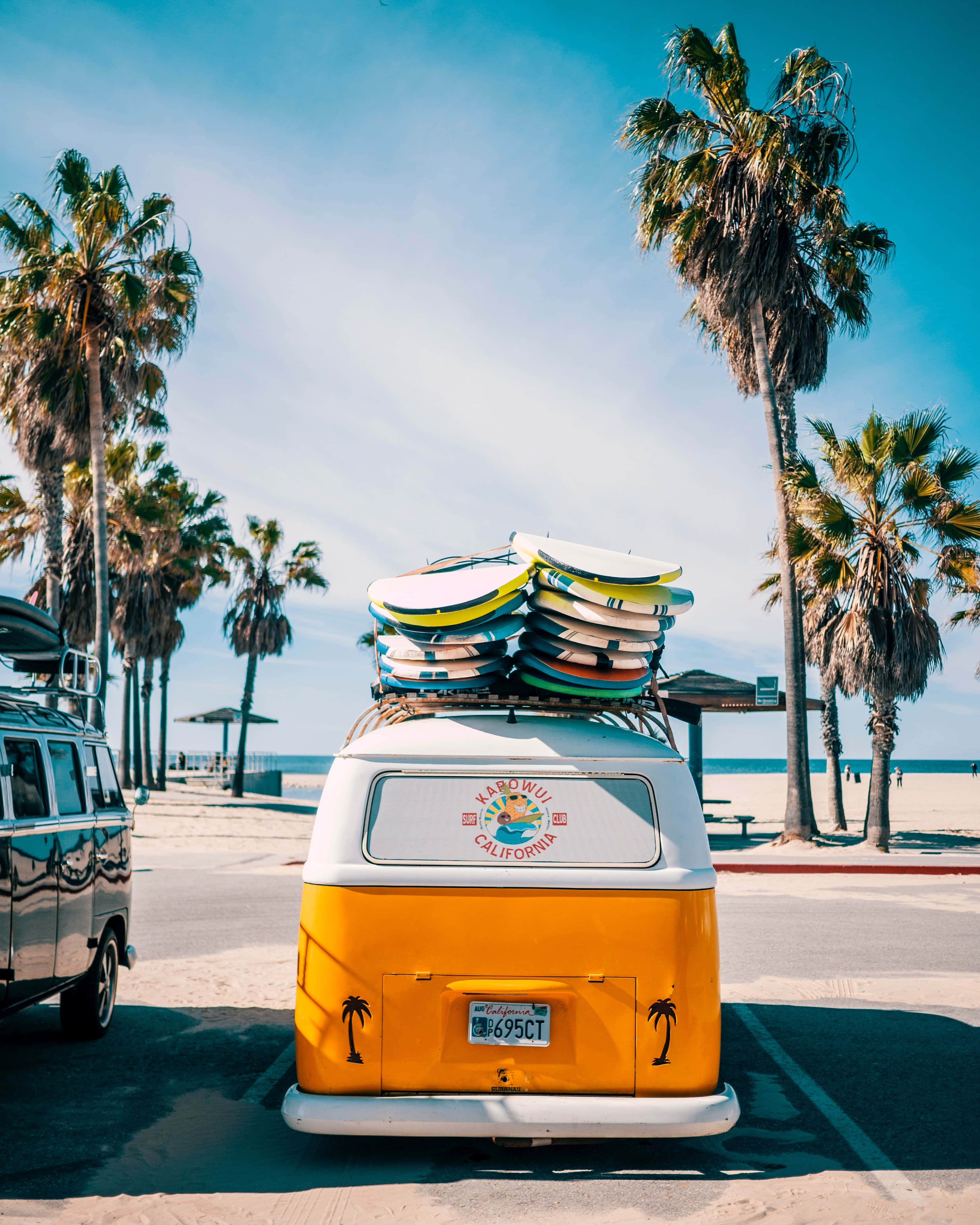 vintage van, surfboards, palm trees, 4K Phone Wallpaper