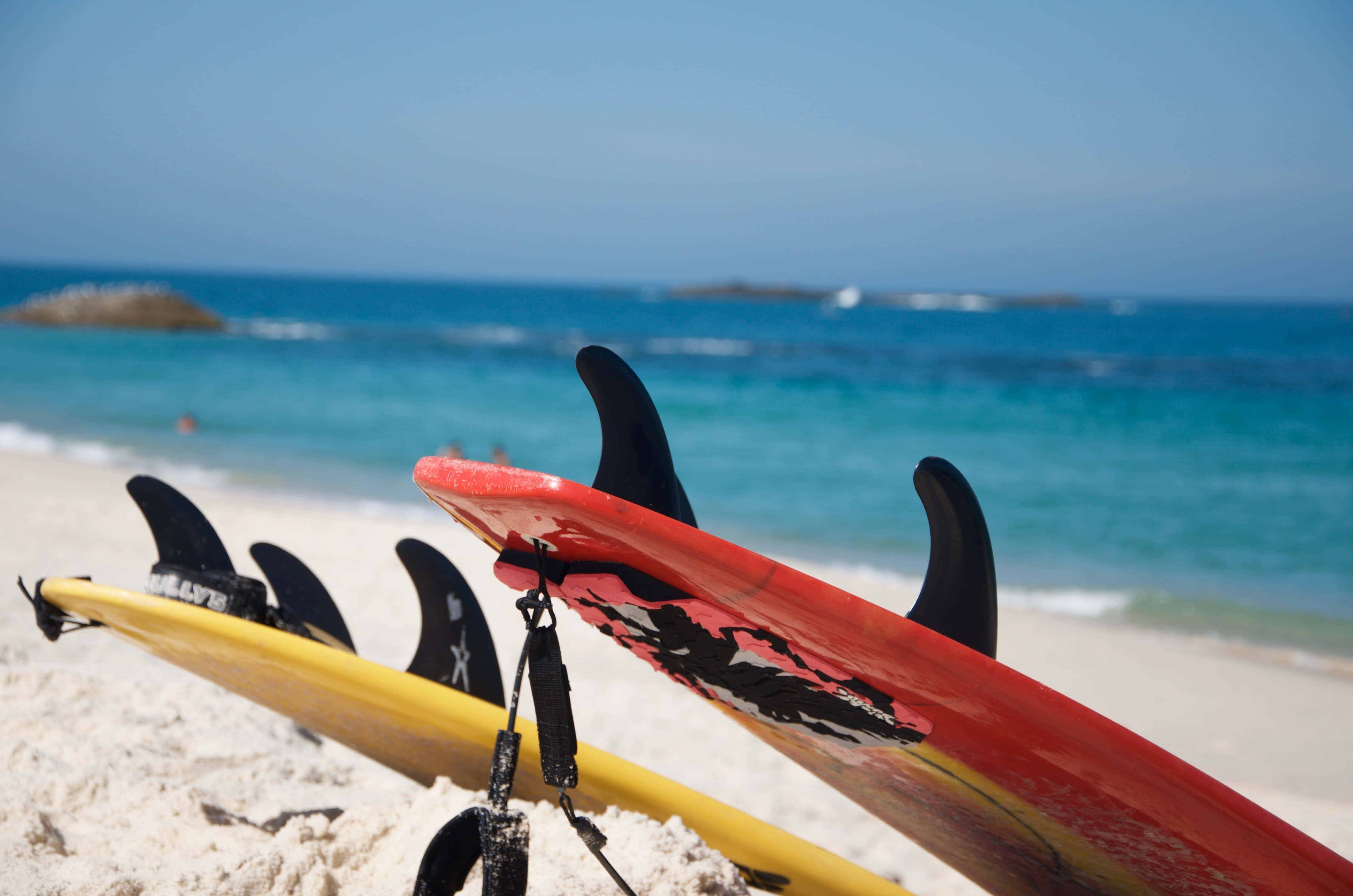 yellow red surfboards, white sand, turquoise ocean, 4K Desktop Wallpaper