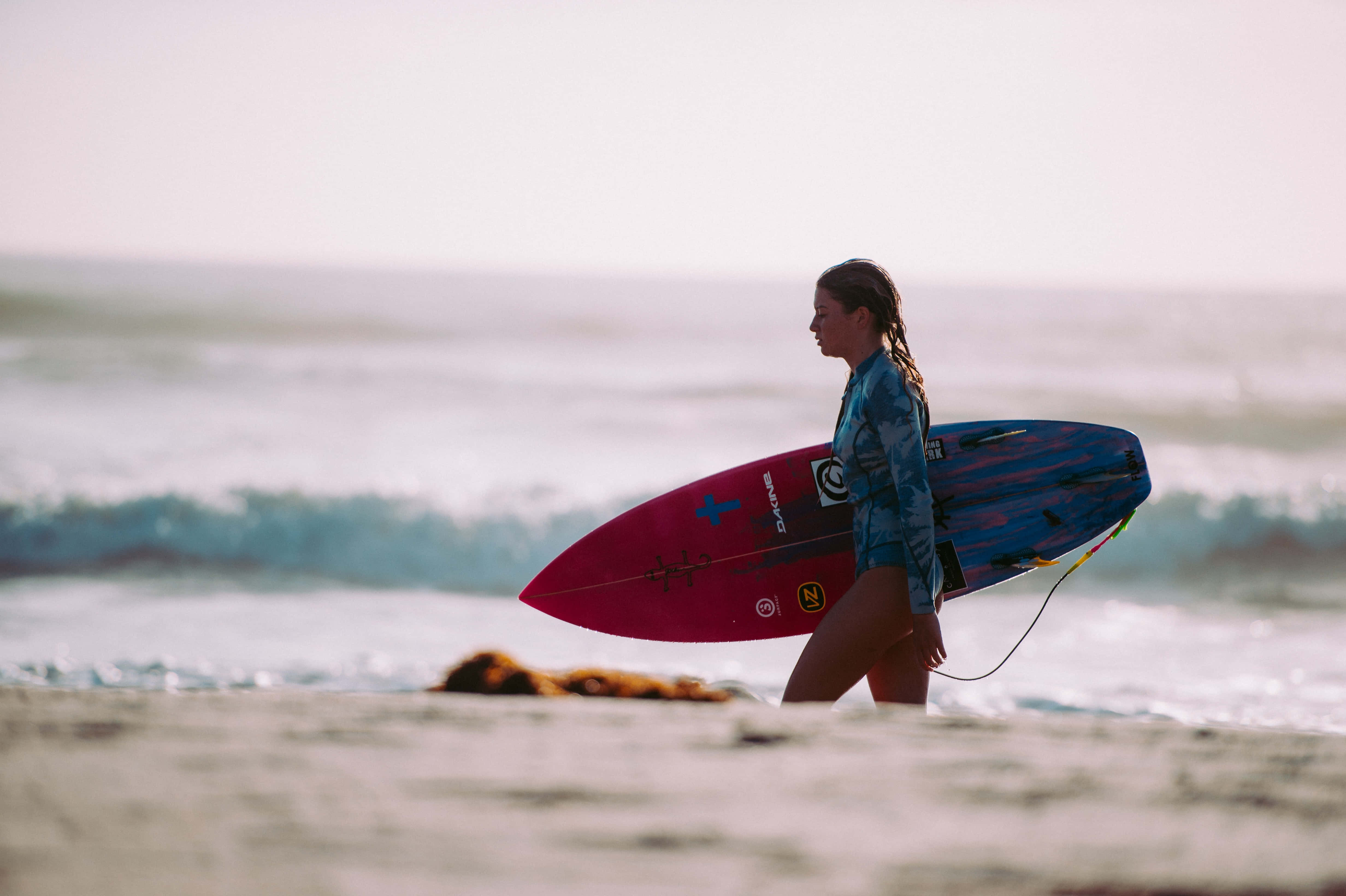 red and blue surfboard, blue wetsuit, sunset, 4K Desktop Wallpaper