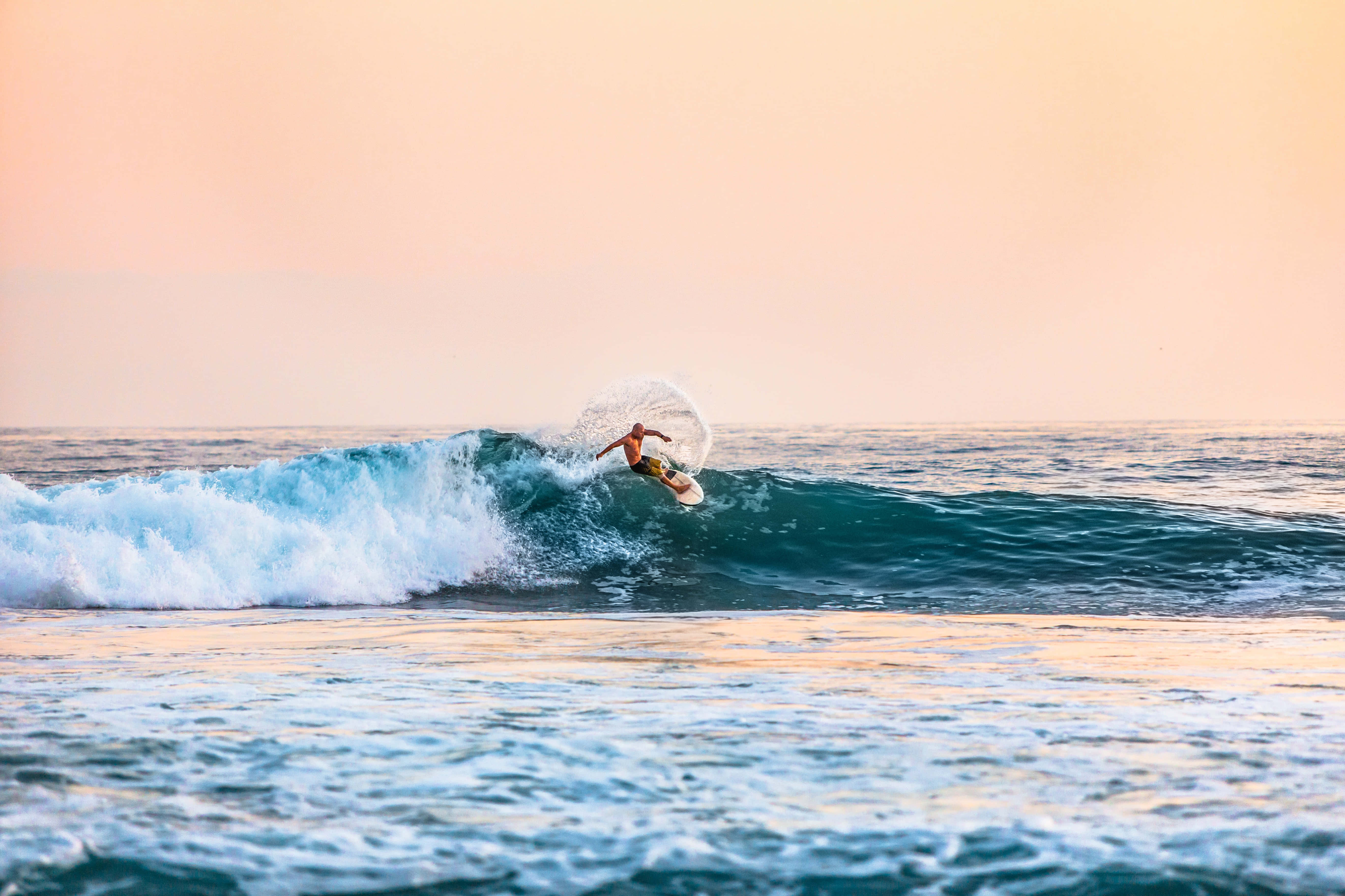 Man Surfboard, ocean wave, sunset, 5K Desktop Wallpaper