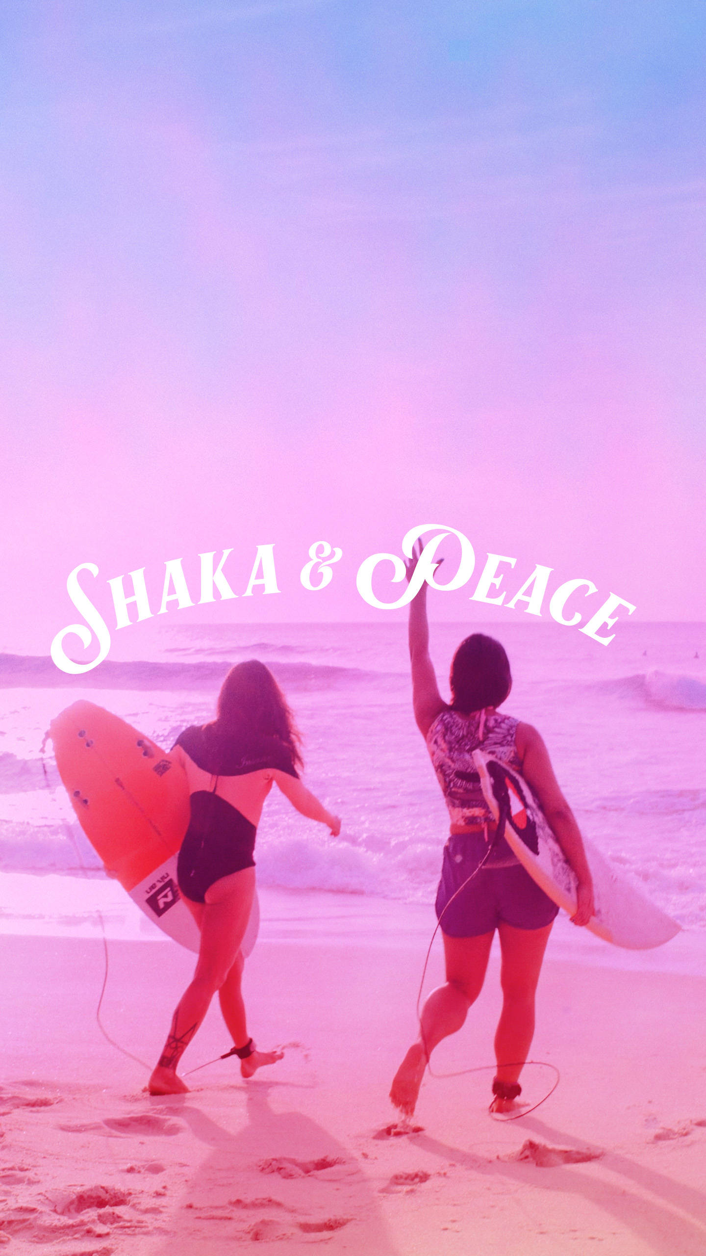 Surfboard, pink-hued beach, purple sky, 2K Phone Wallpaper