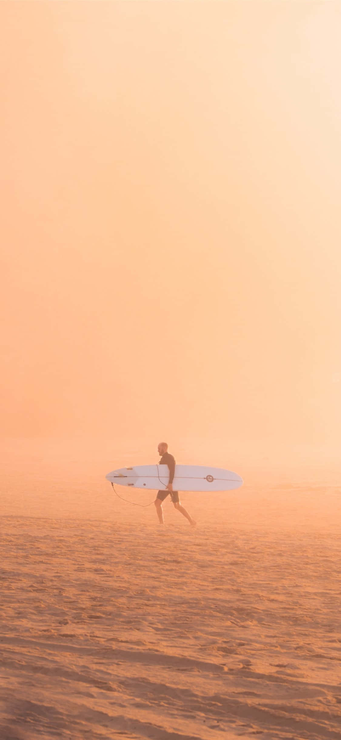 surfboard, orange sunset sky, misty beach, Full HD Phone Wallpaper