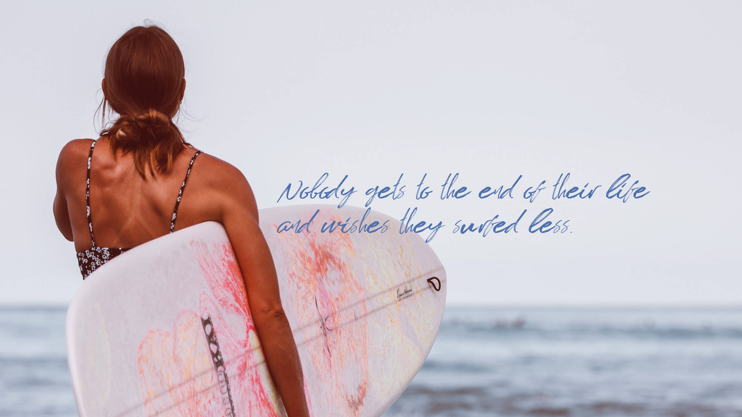 Surfing Less Quote, reddish hair, beach, 2K Desktop Wallpaper