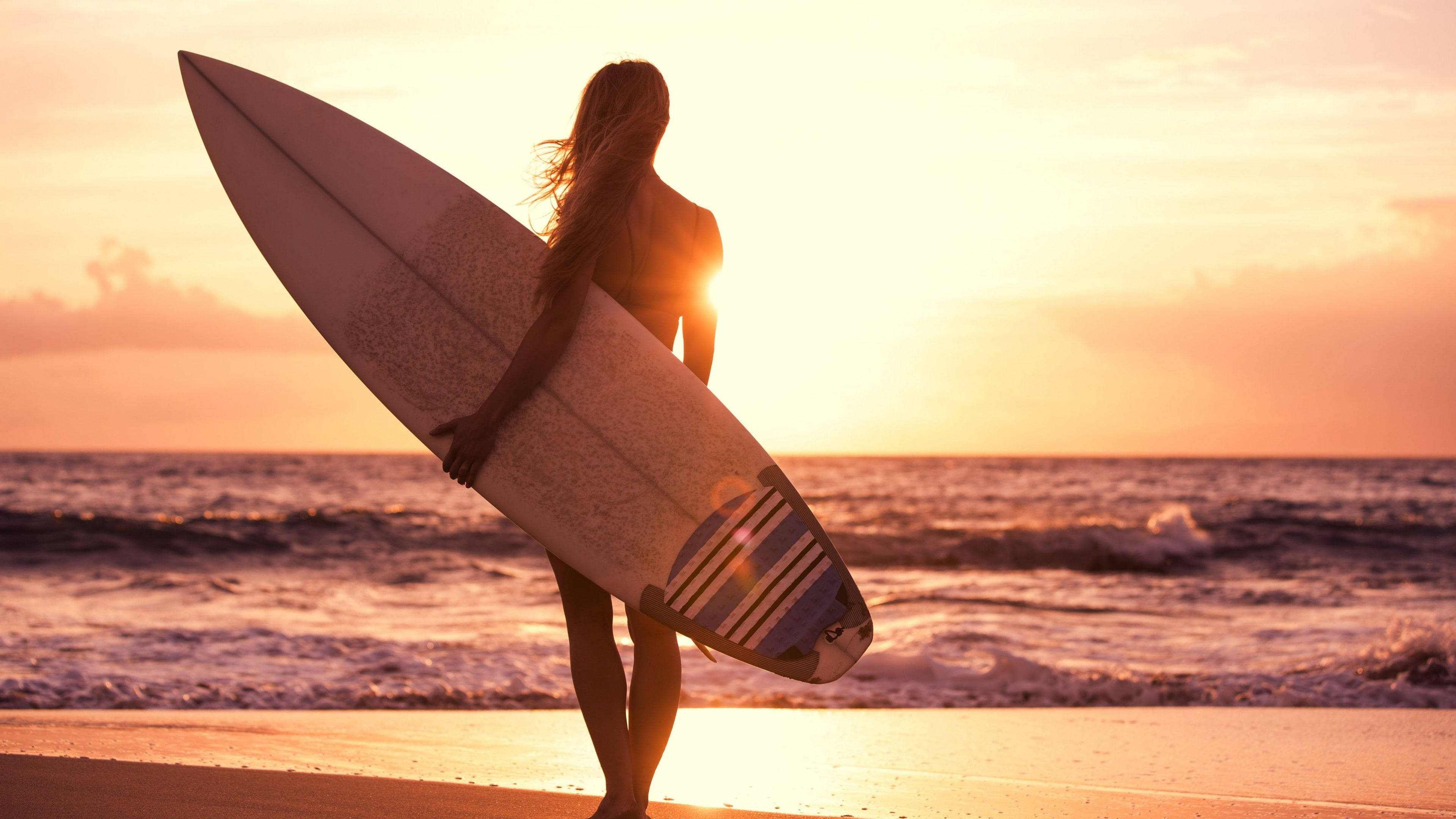 sunset, beach, surfer, 4K Desktop Wallpaper