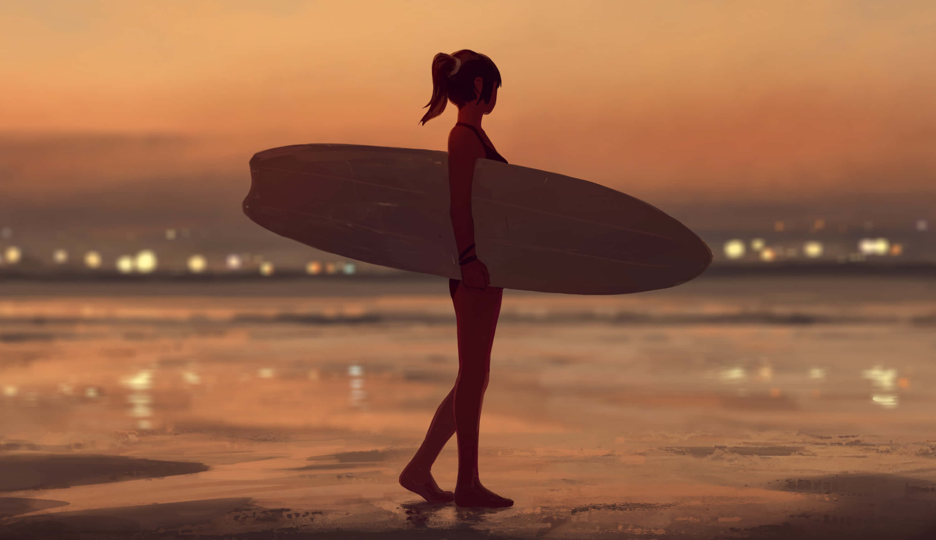 Surfboard Girl Anime, surfer girl, wet beach, 2K Desktop Wallpaper