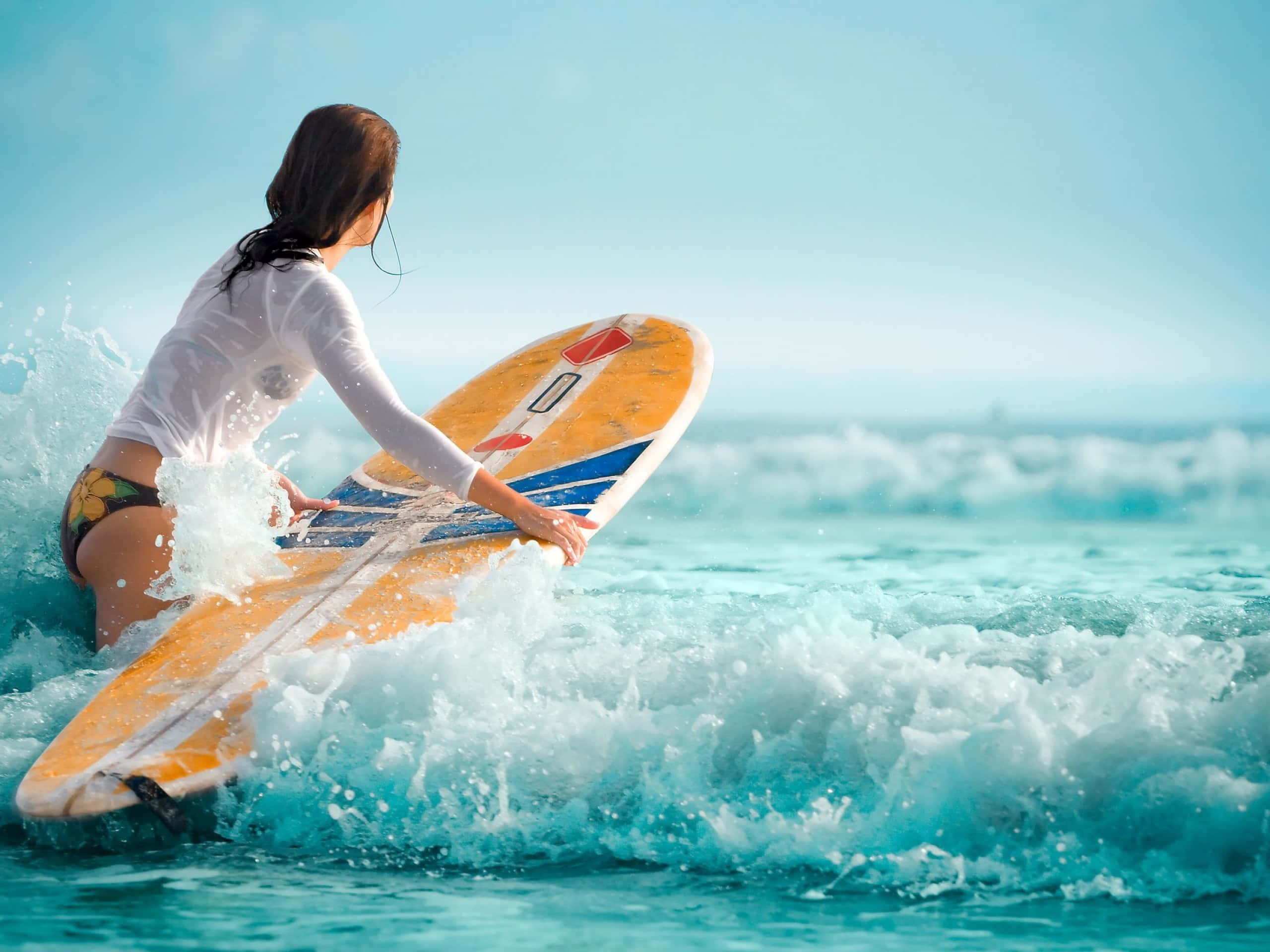 woman, white rash guard, colorful surfboard, 2K Desktop Wallpaper