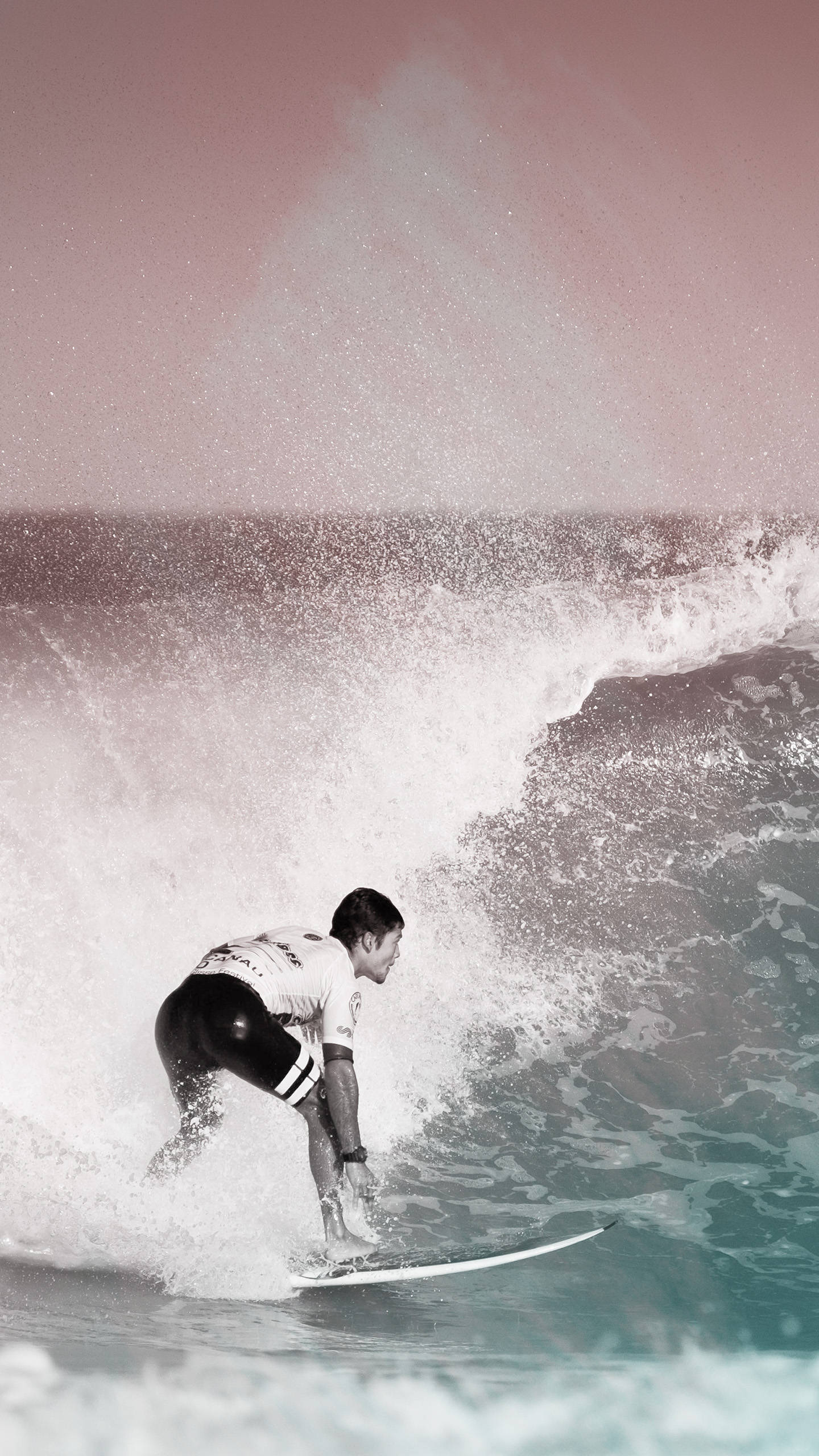 pink and teal sky, surfer, wave, 2K Phone Wallpaper