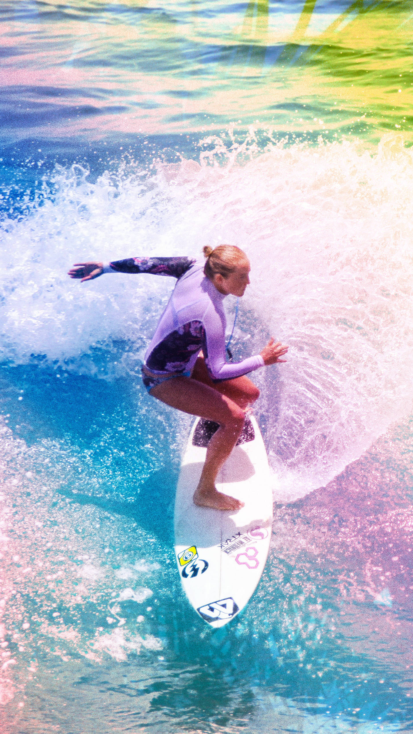 purple wetsuit, vibrant turquoise wave, pink and green water splashes, 2K Phone Wallpaper