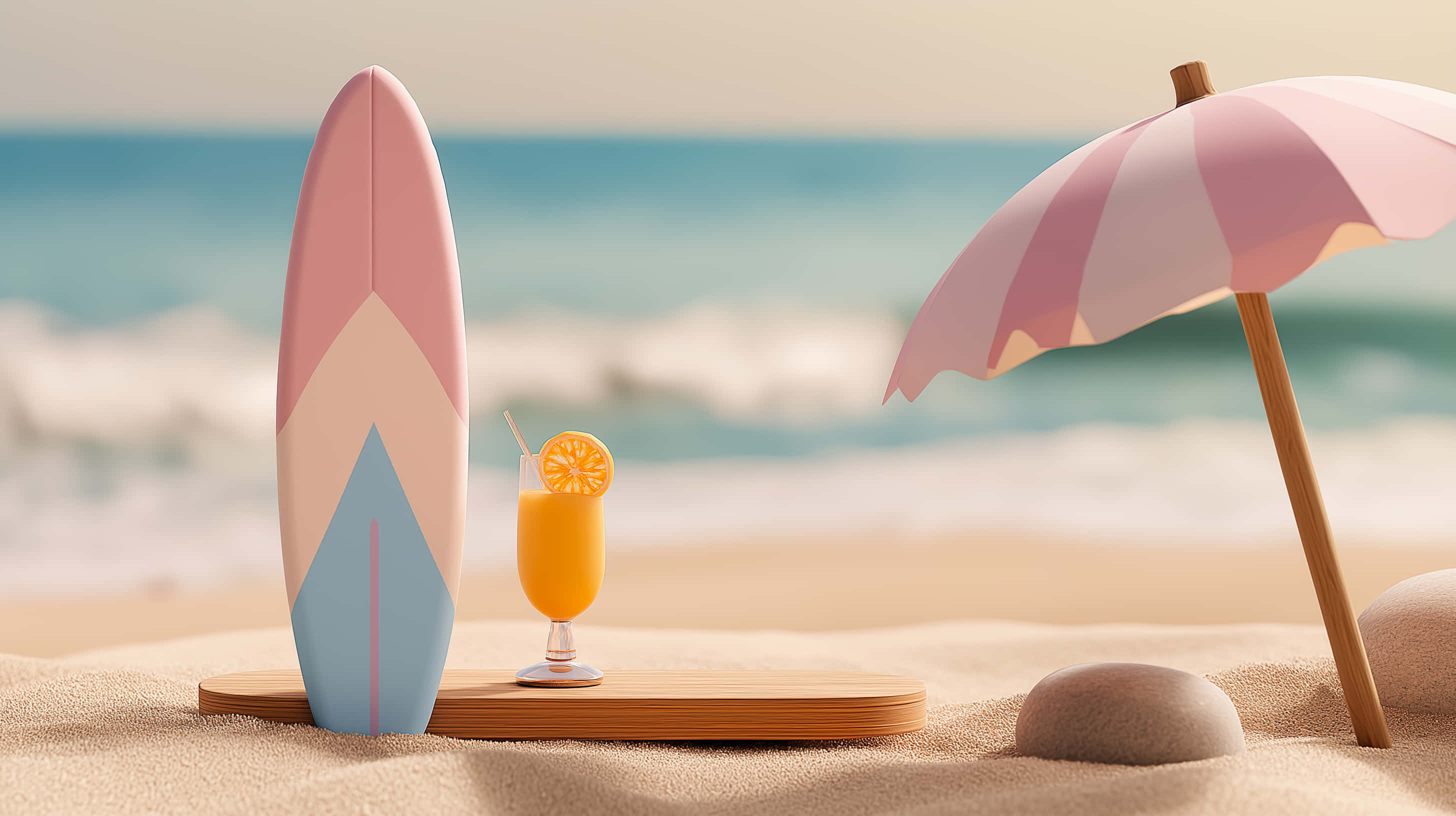 pastel pink and blue surfboard, pink striped umbrella, tropical drink, 2K Desktop Wallpaper