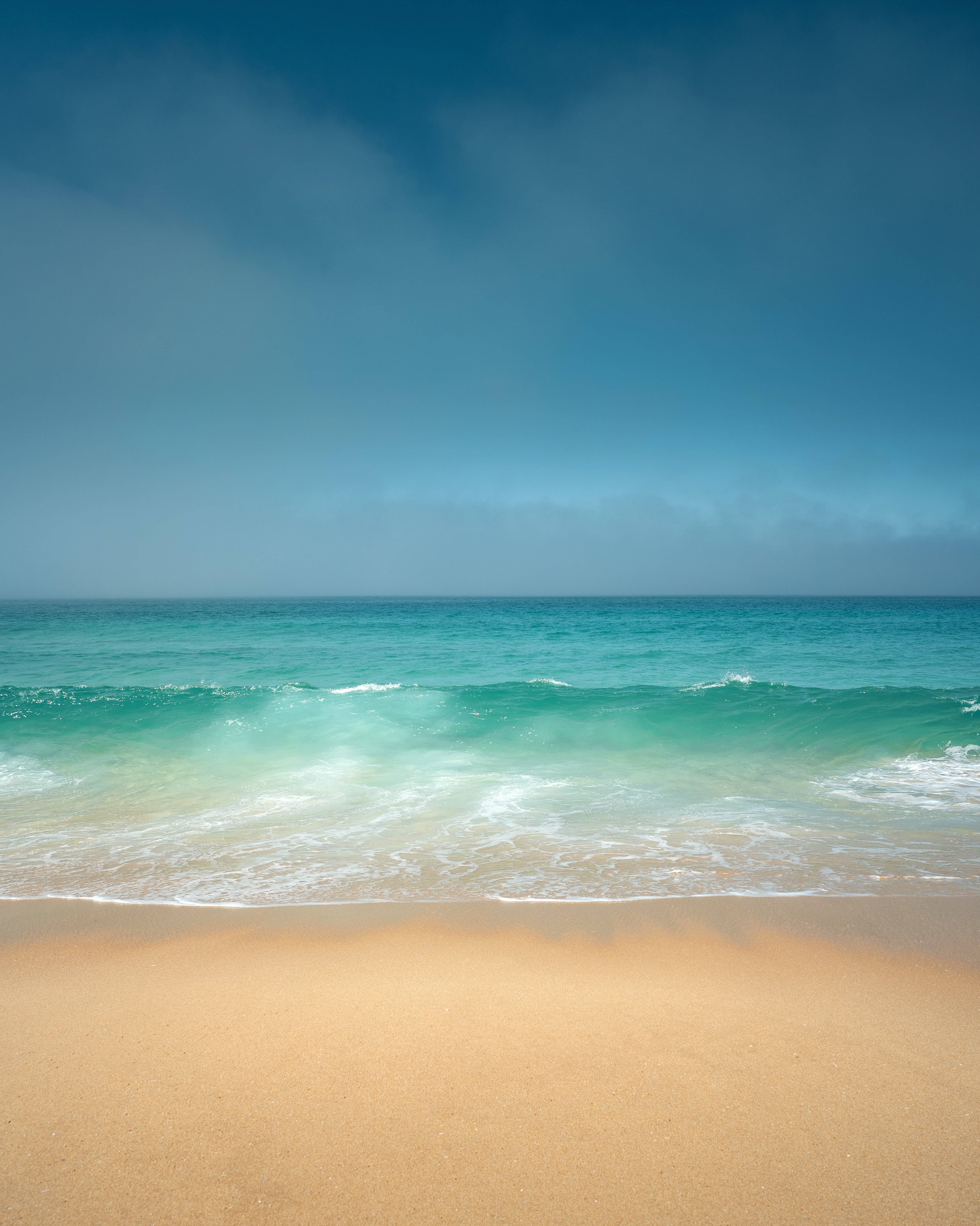pristine beach wave, turquoise waves, golden sandy beach, 4K Phone Wallpaper