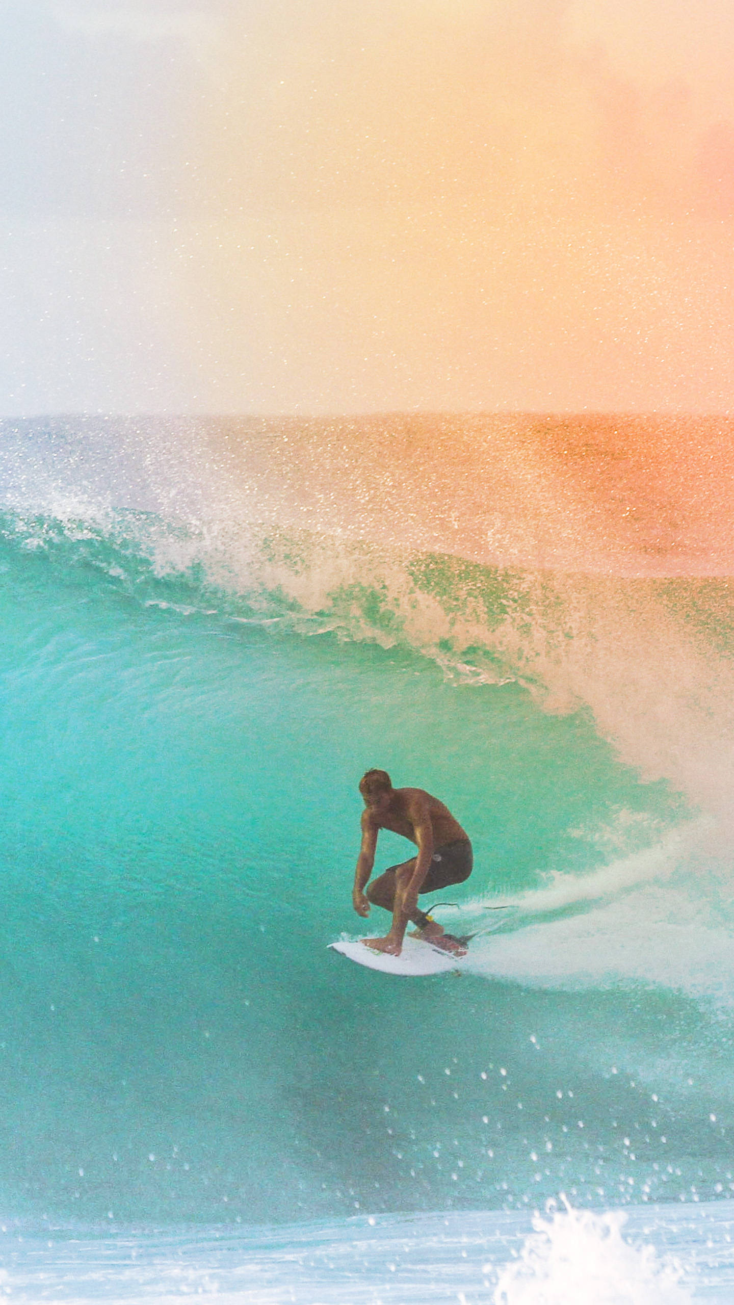 surfing, turquoise wave, peach and blue sky, 2K Phone Wallpaper