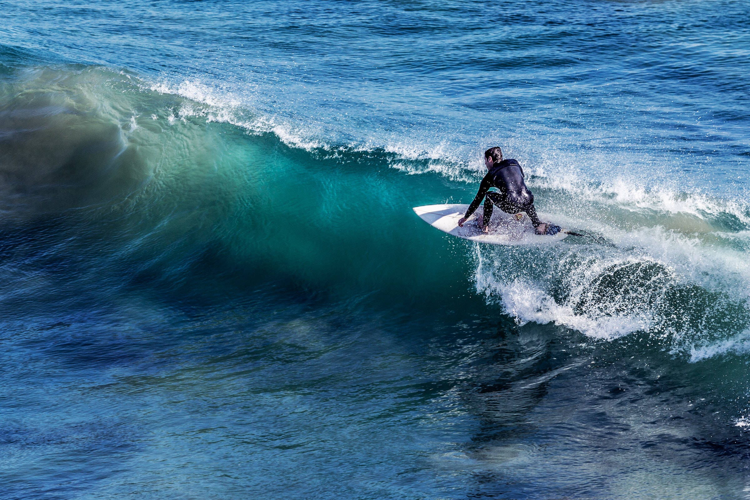 sport surfer, black wetsuit, turquoise wave, Full HD Desktop Wallpaper