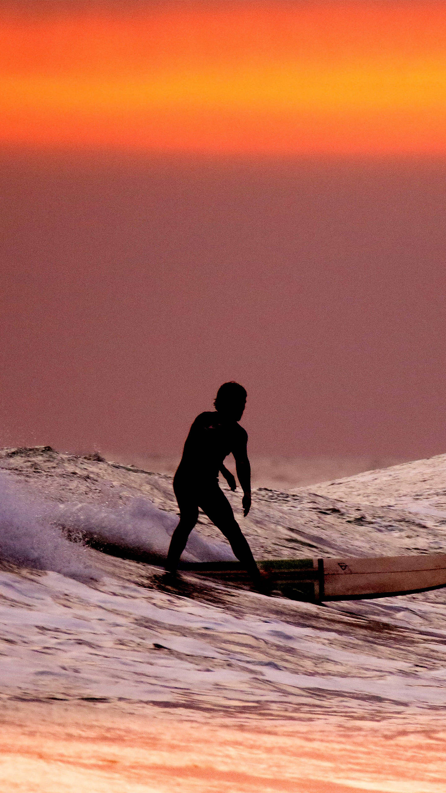 orange sunset sky, fiery orange and pink sunset sky, surfer's silhouette, 2K Phone Wallpaper