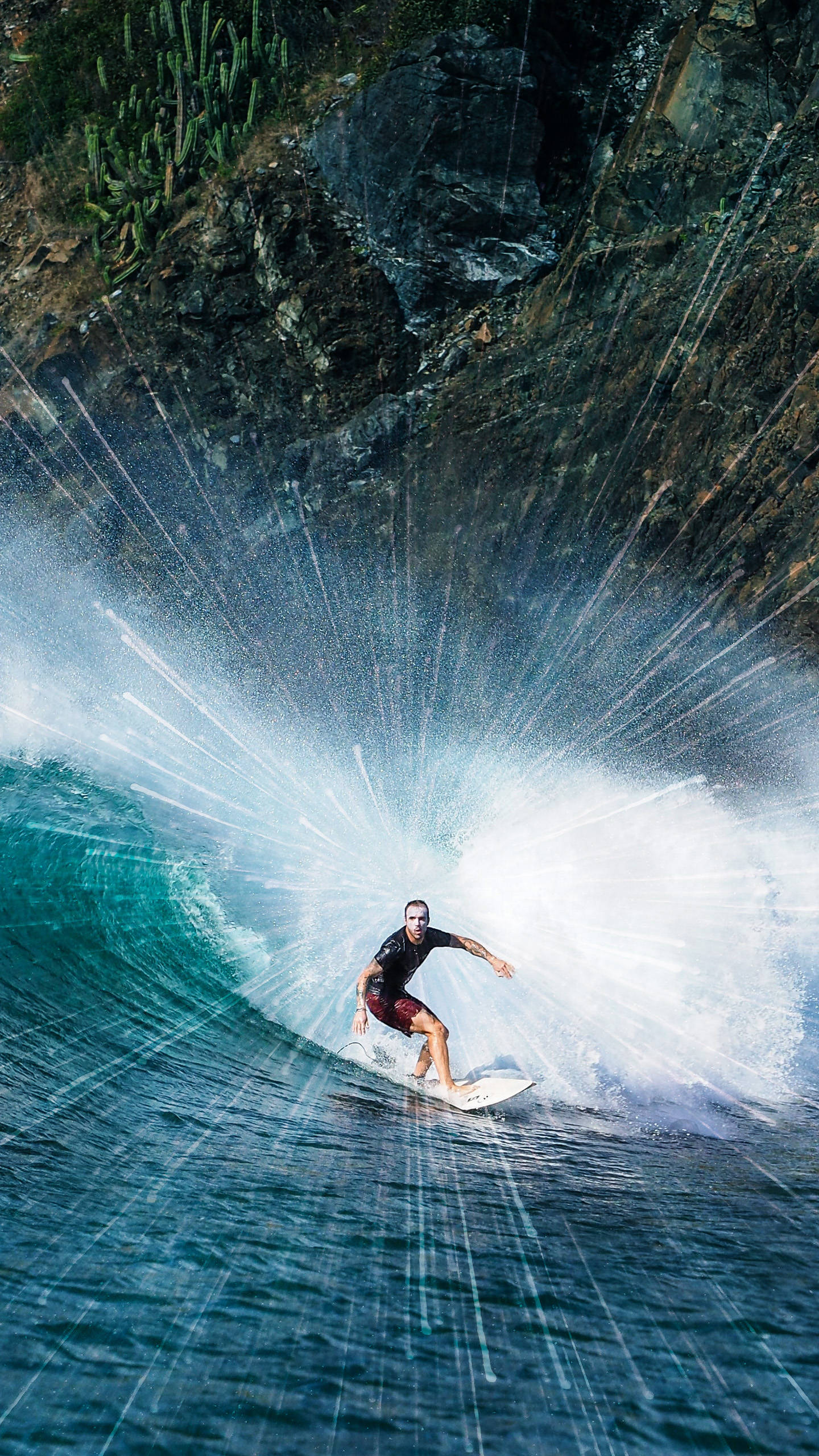 surfing tunnel splash effect, turquoise wave, dramatic spray explosion, 2K Phone Wallpaper