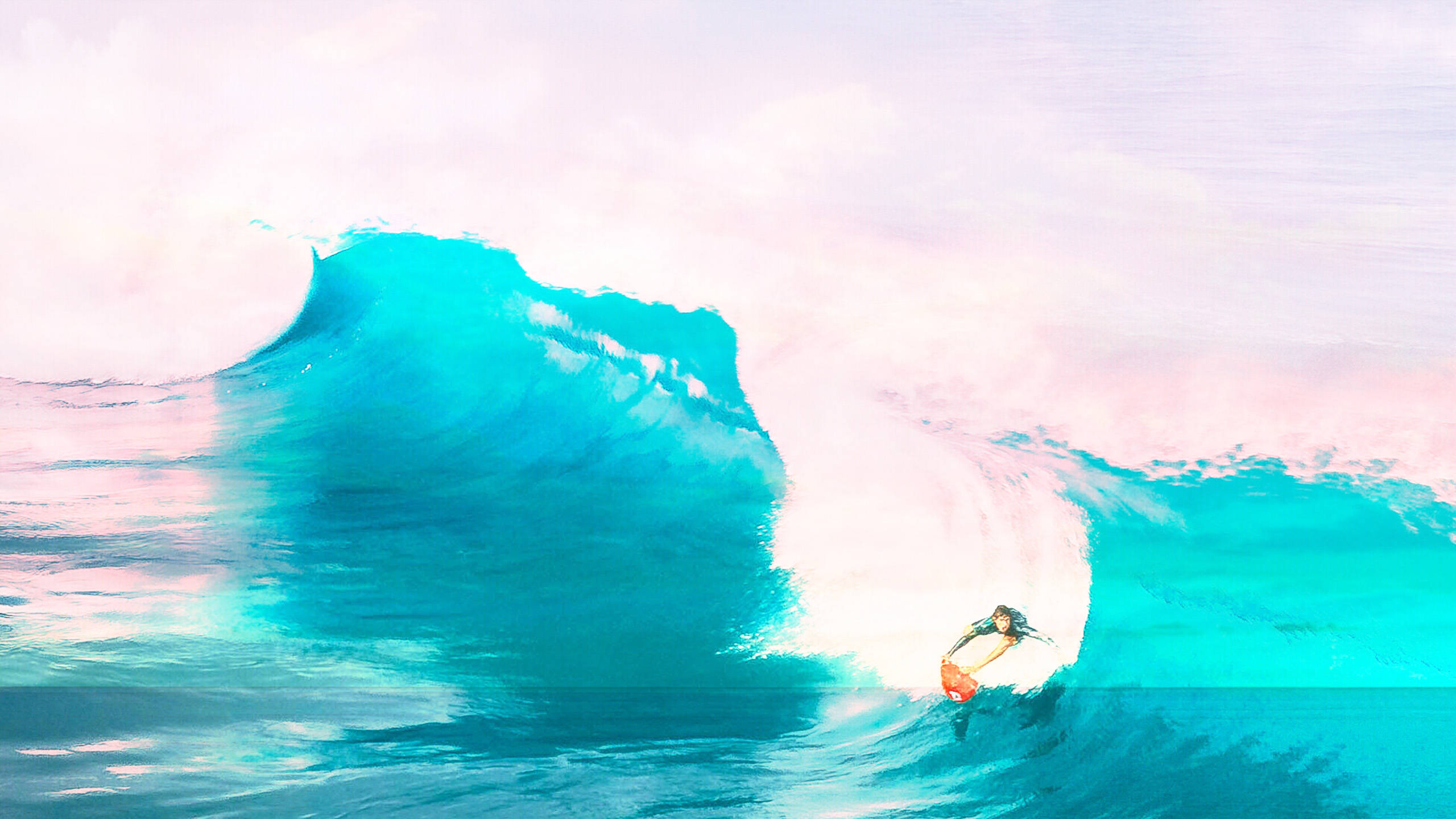 Surfing Painting, turquoise wave, soft pink and white sky, 2K Desktop Wallpaper