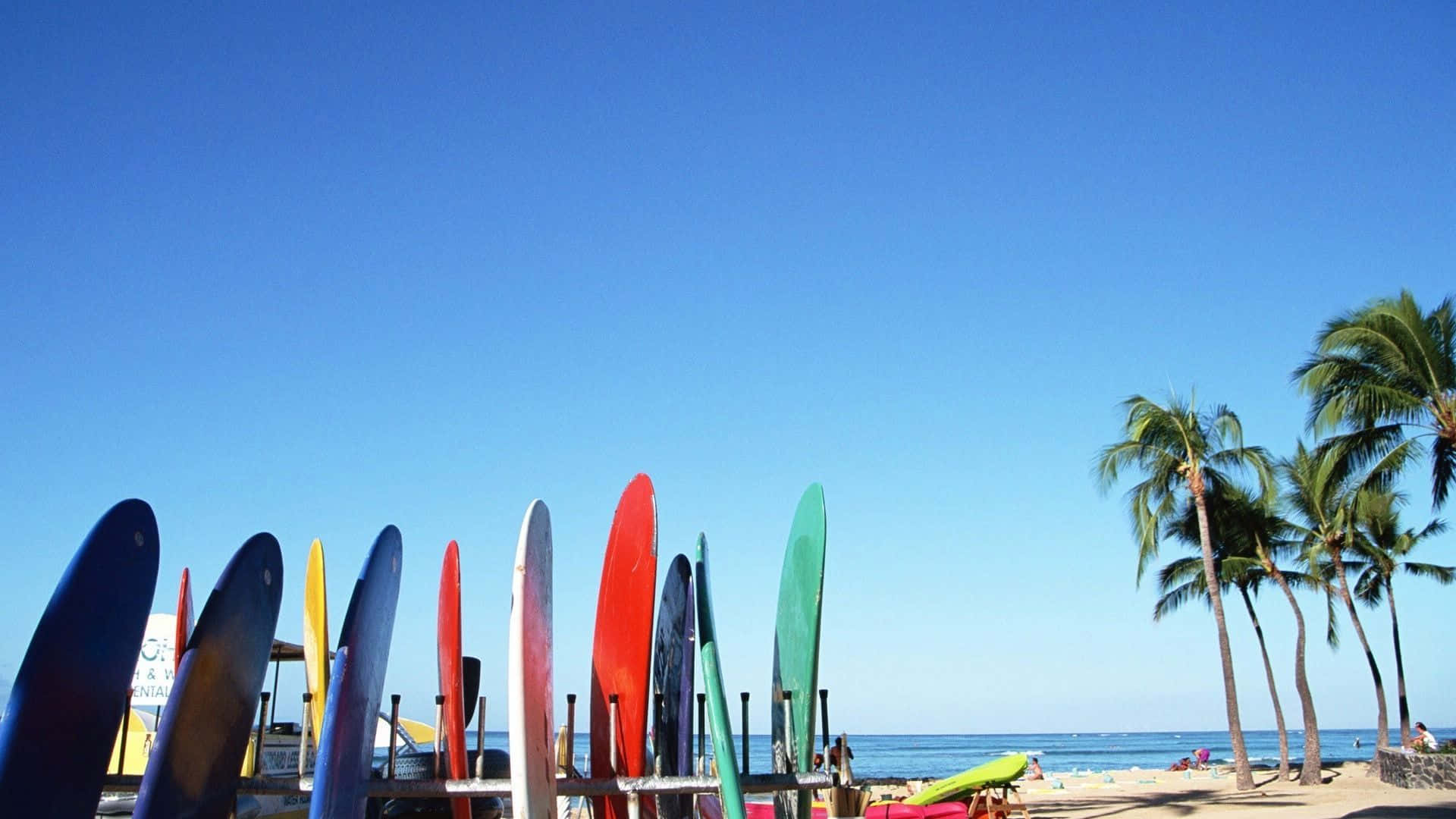 surfboard, clear blue sky, sunny beach, Full HD Desktop Wallpaper