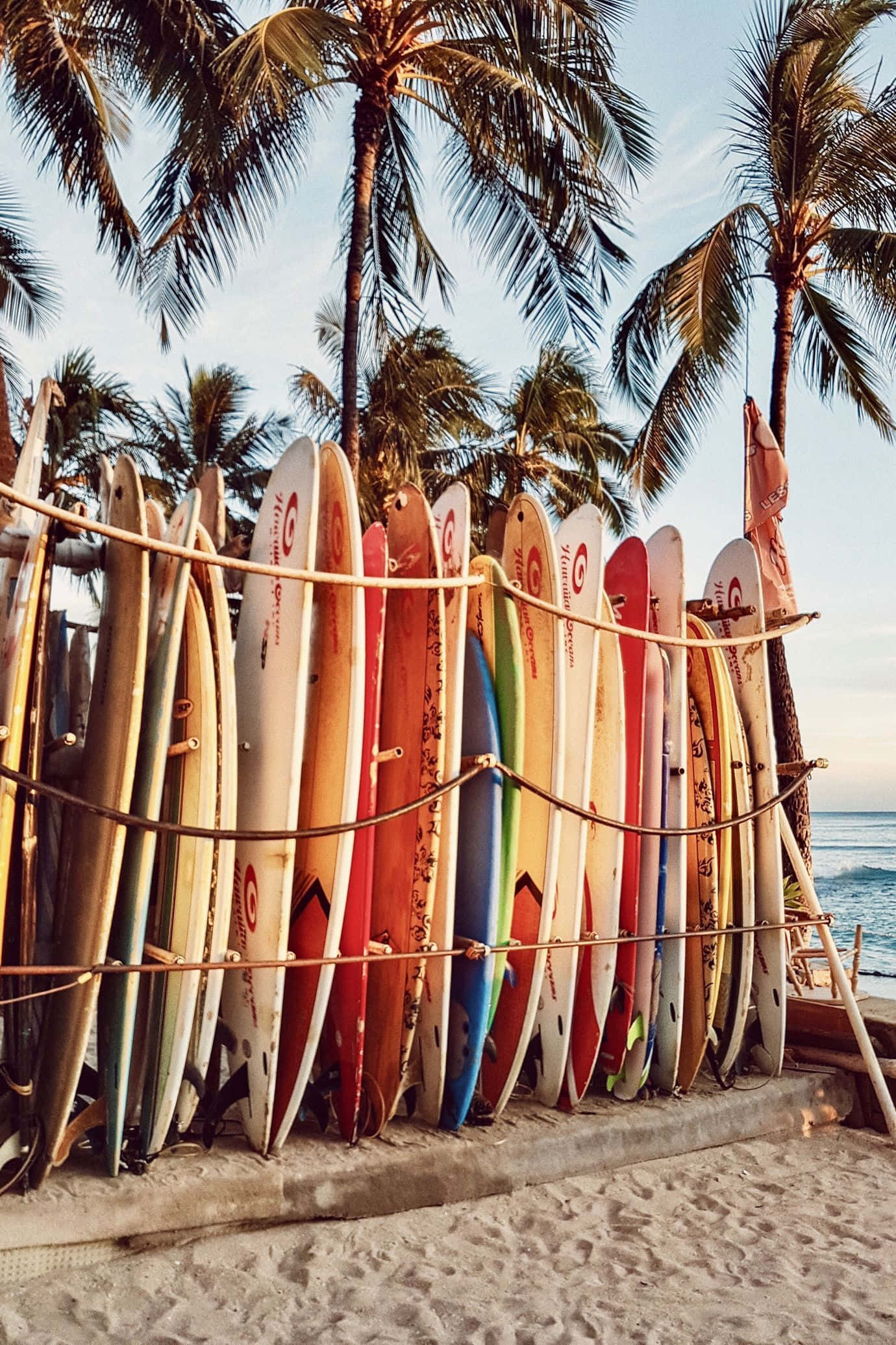 beach, surfboards, rope fence, Full HD Phone Wallpaper