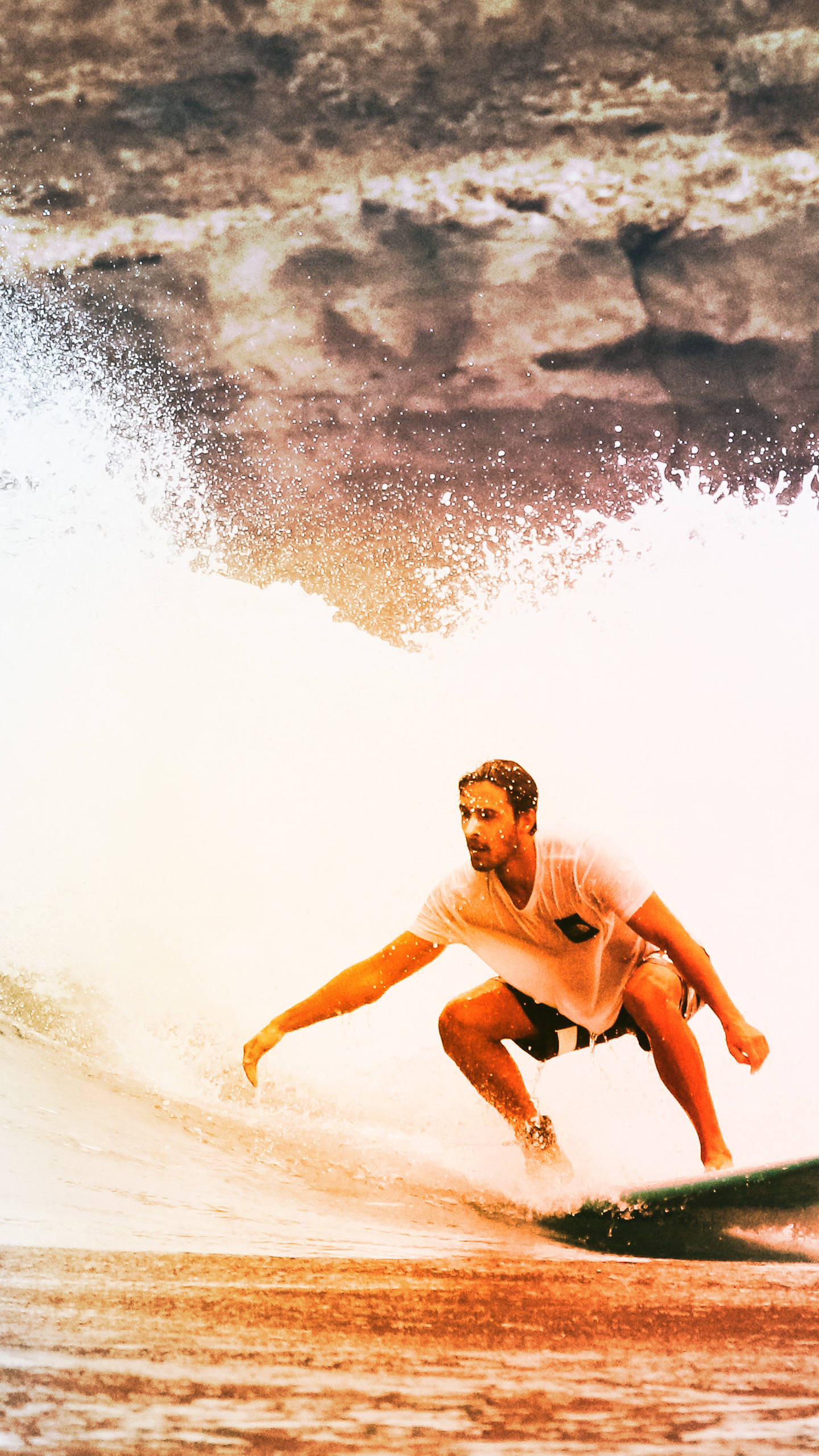 Surfing, orange filter, ocean wave, 2K Phone Wallpaper