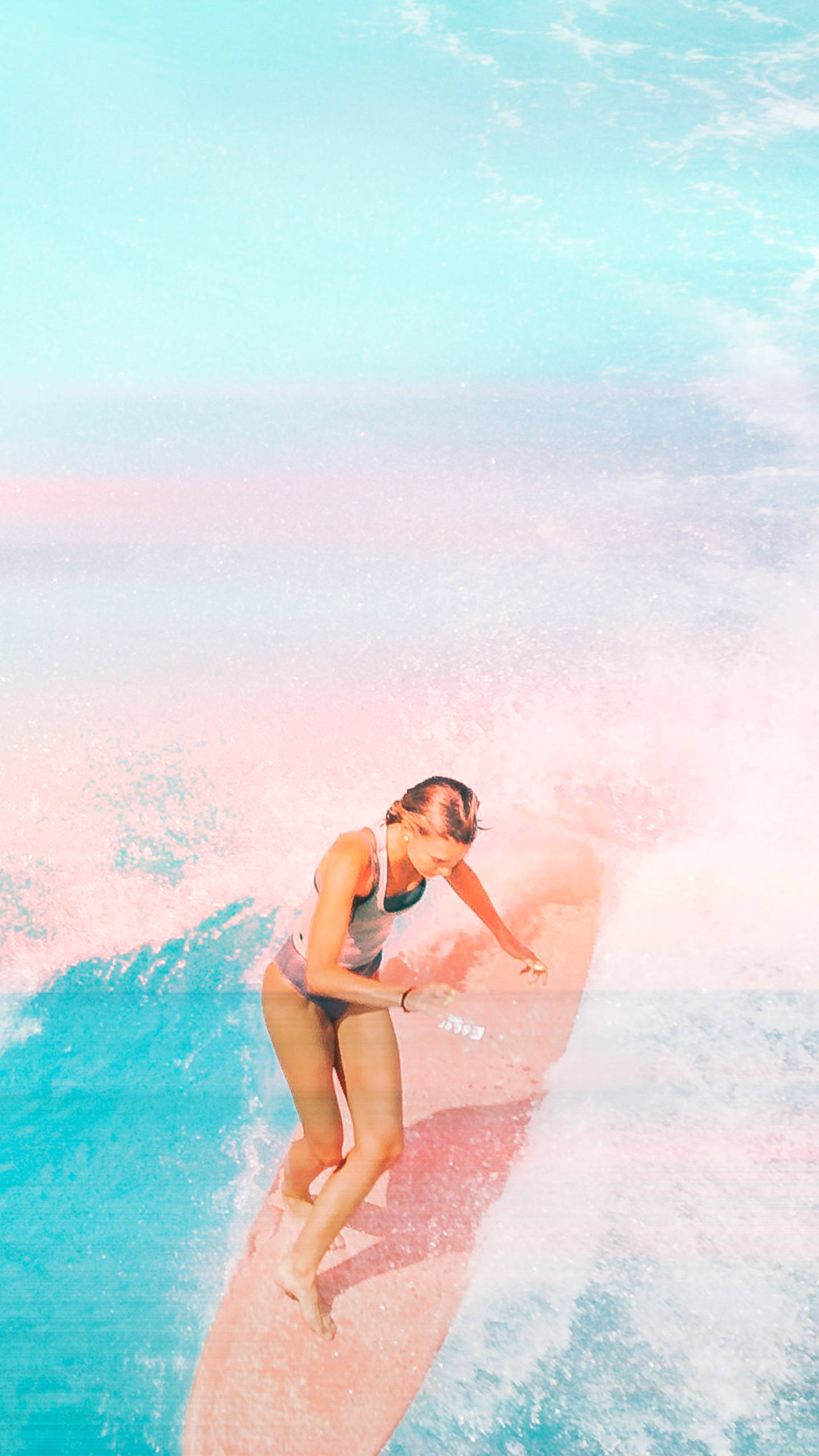 surfing board, pastel pink, turquoise water, 2K Phone Wallpaper