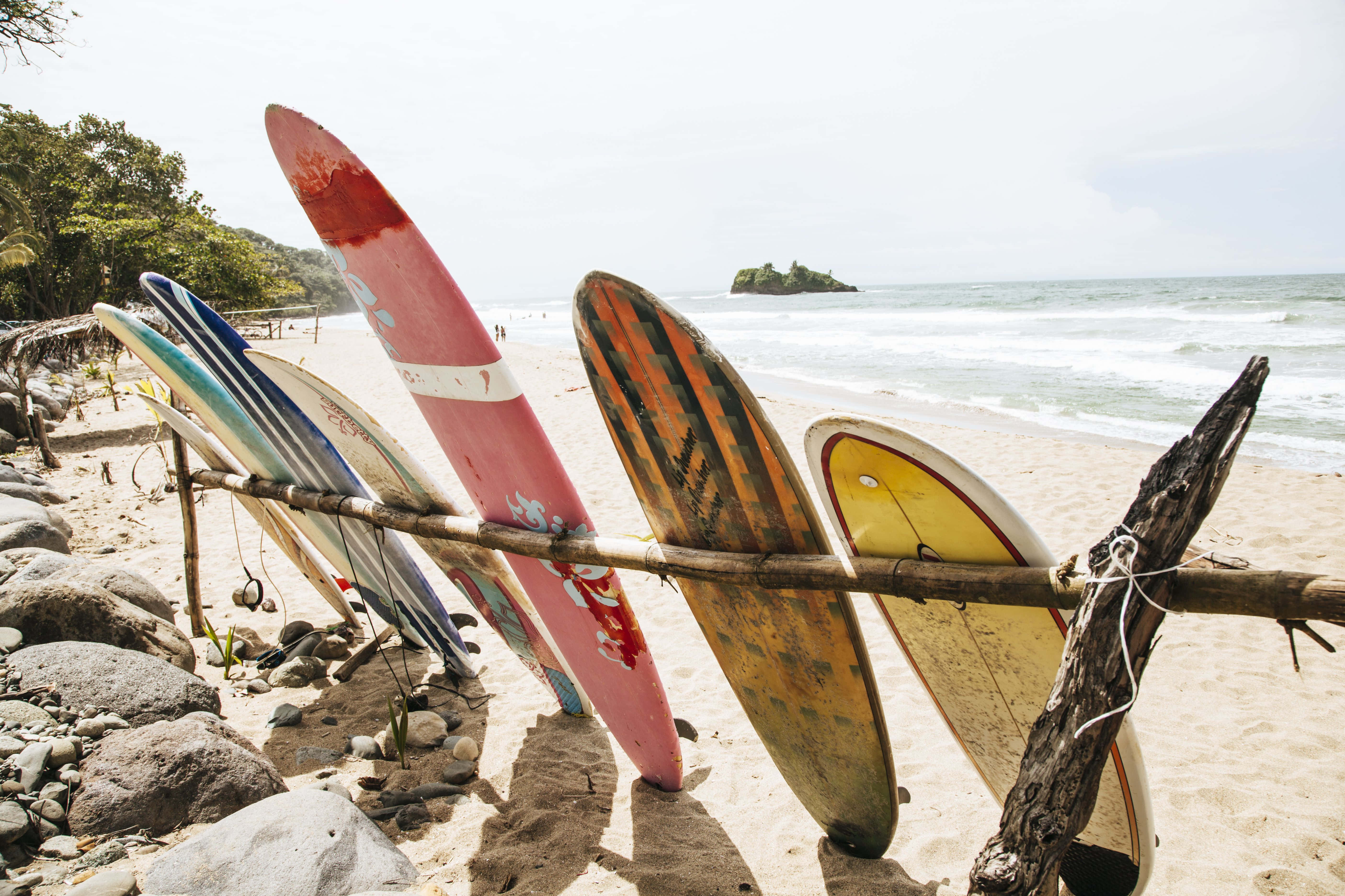 beach surfboards, driftwood racks, sunlit sandy beach, 5K Desktop Wallpaper