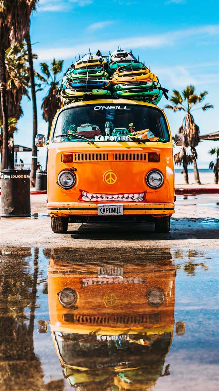 surfboard, mini bus, vintage van, HD Phone Wallpaper