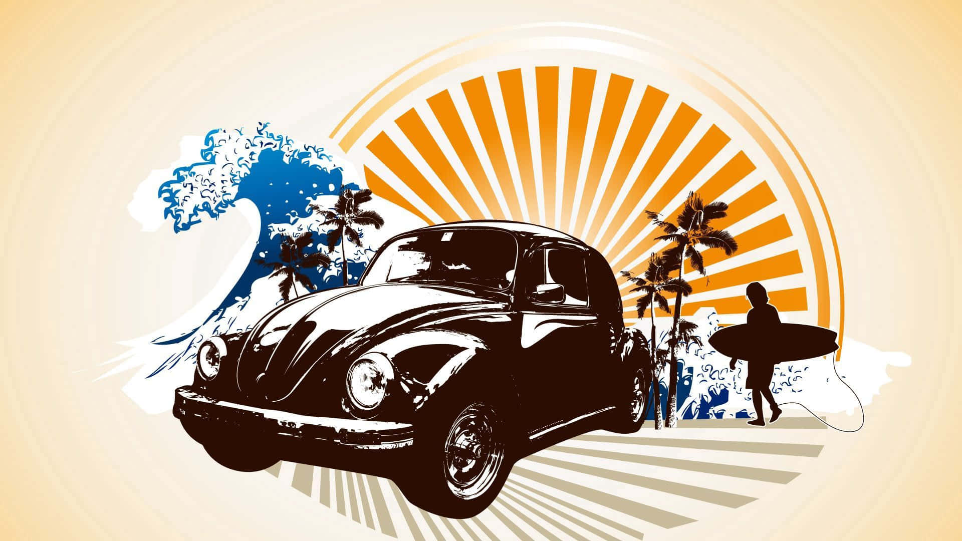 vintage black Volkswagen Beetle, radiant orange sunburst, crashing blue waves, Full HD Desktop Wallpaper