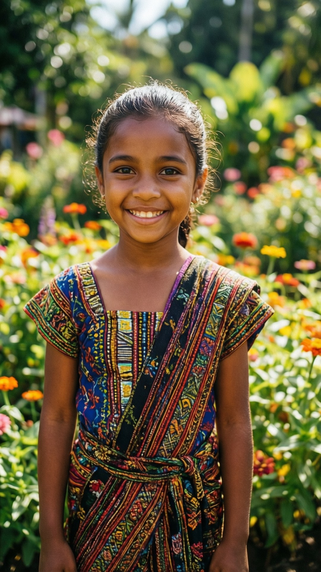 Surinamese girl, traditional attire, flower garden, Full HD Phone Wallpaper