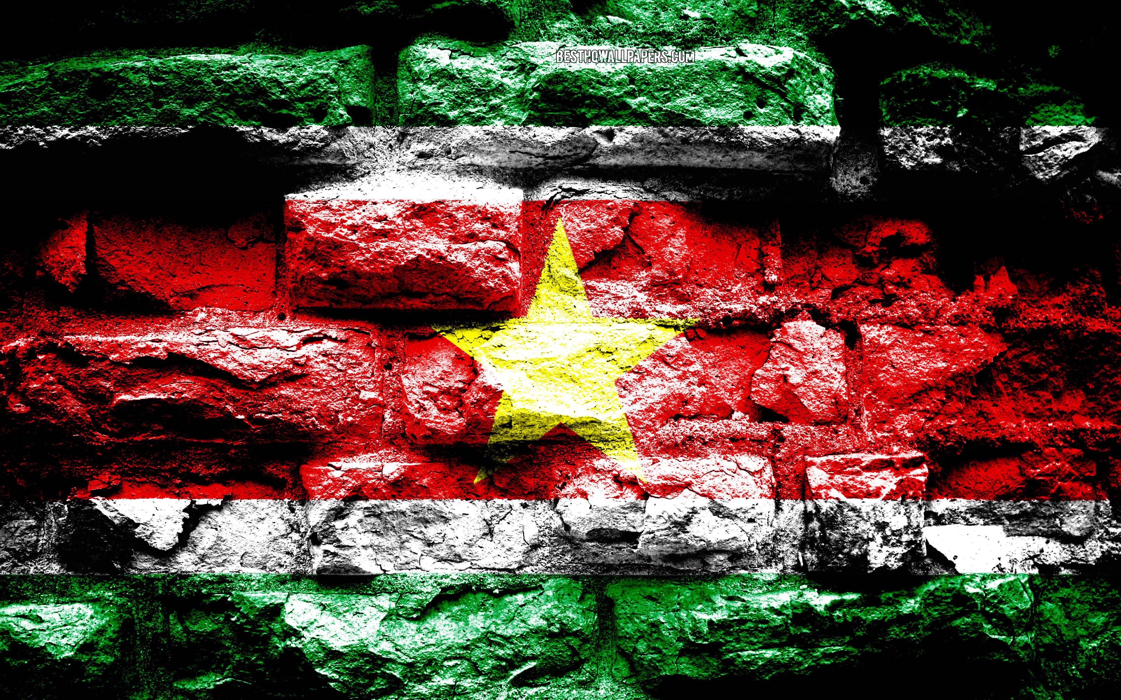 Suriname flag, brick wall, red green and white stripes, 4K Desktop Wallpaper
