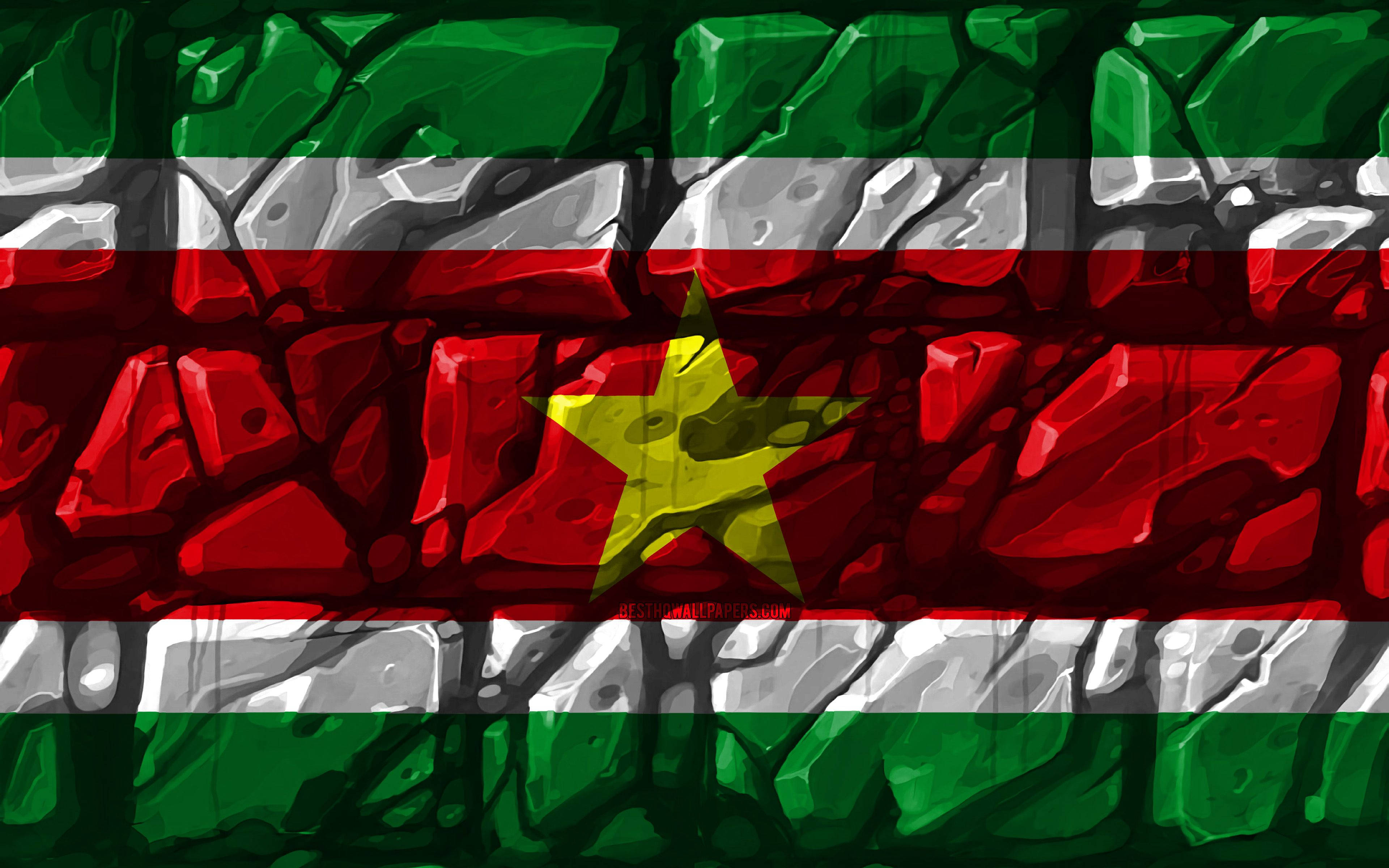 Suriname flag, textured stone mosaic, green white red stripes, 4K Desktop Wallpaper