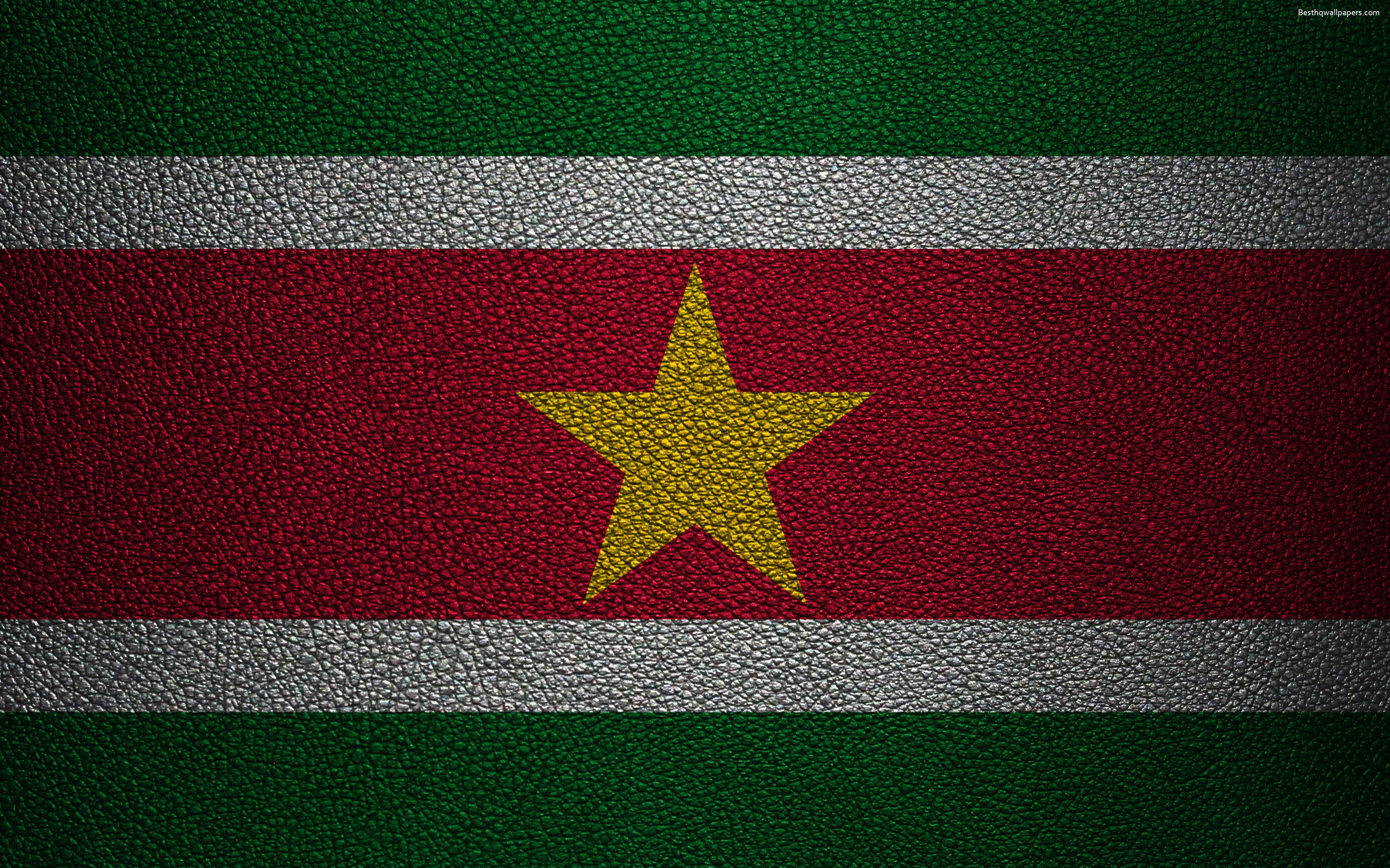 Suriname, official flag, textured leather, 4K Desktop Wallpaper