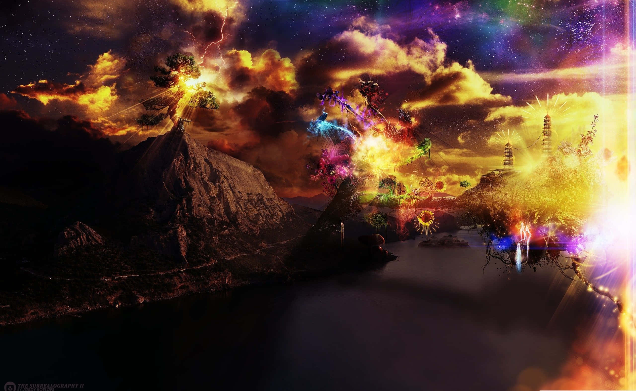 surreal fantasy landscape, glowing mountains, vibrant clouds, 2K Desktop Wallpaper